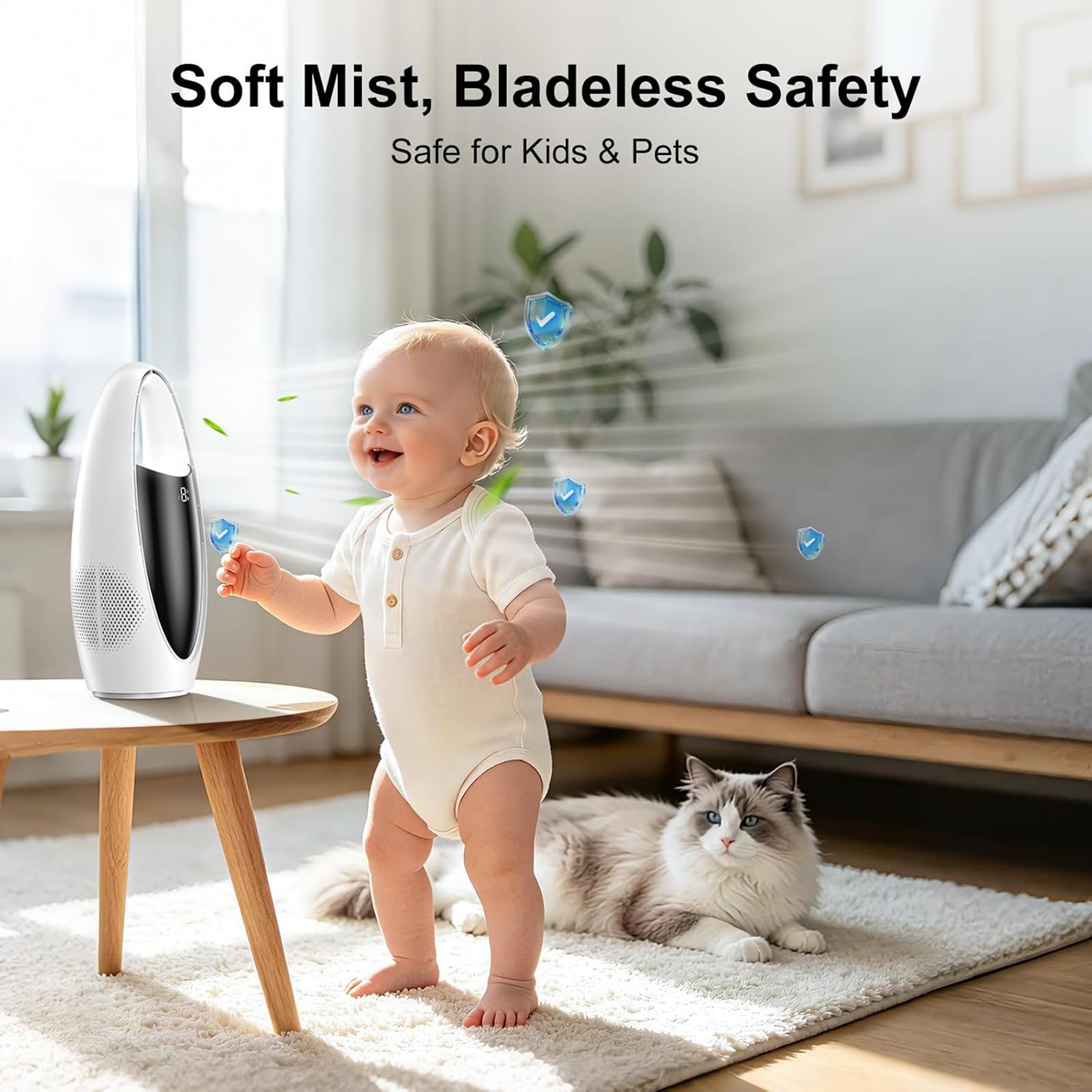VOMI Ventilateur de table sans rotor avec brume, batterie 4000 mAh