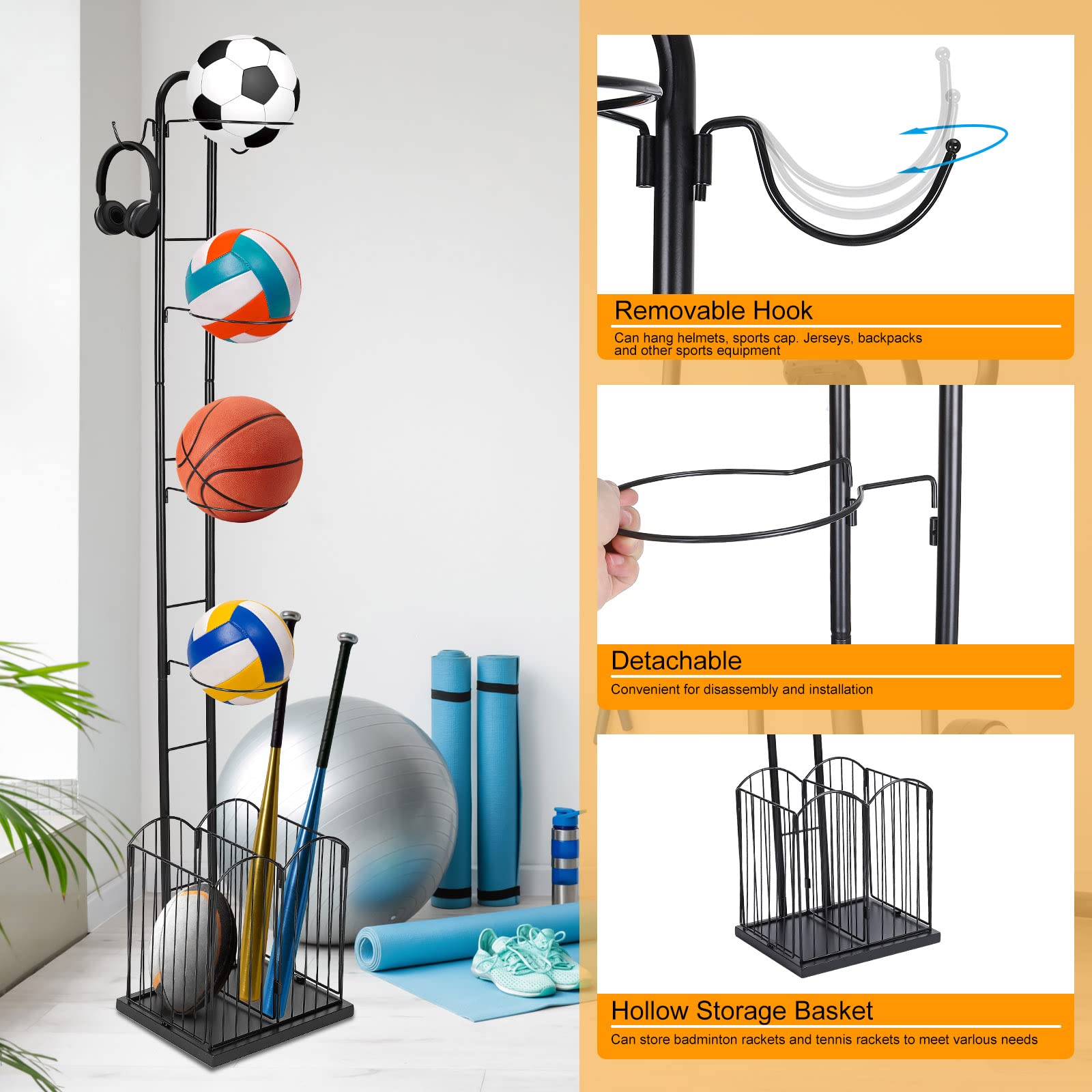 sourcing map Baloncesto Estabte, 5 Nivel Deportes Equipo Almacenamiento Organizador con Cesta y Ganchos Adecuado para Voleibol Fútbol Baloncesto Bádminton, Negro