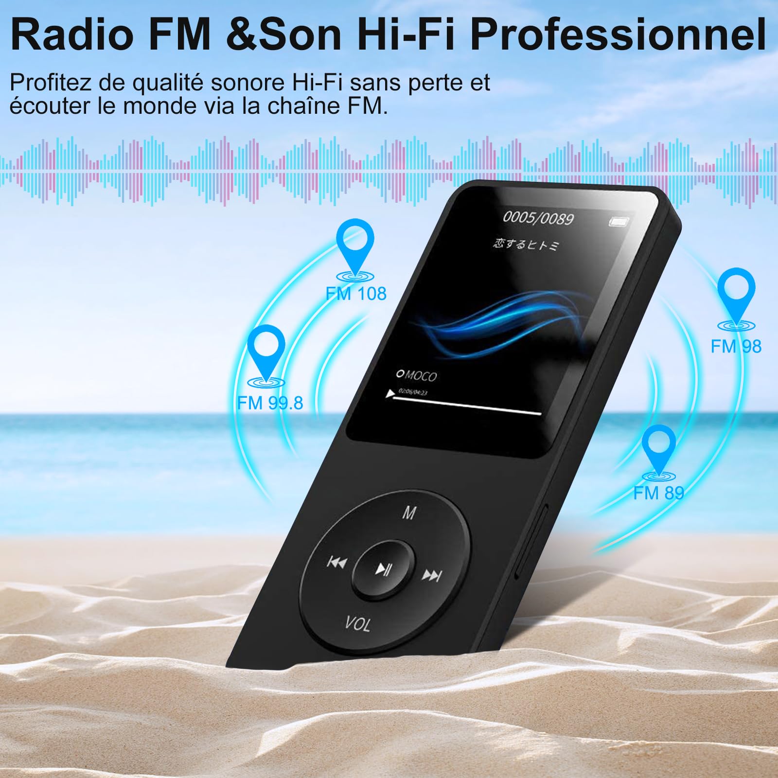 64Go MP3 Bluetooth 5.0 avec Haut-Parleur, Lecteur MP3 en Qualité Sonore HiFi Audio MP4 Baladeur Sport avec Écouteurs, Volume Indépendant, Radio FM, Enregistreur Vocal, Prend en Charge Jusqu'à 128 Go