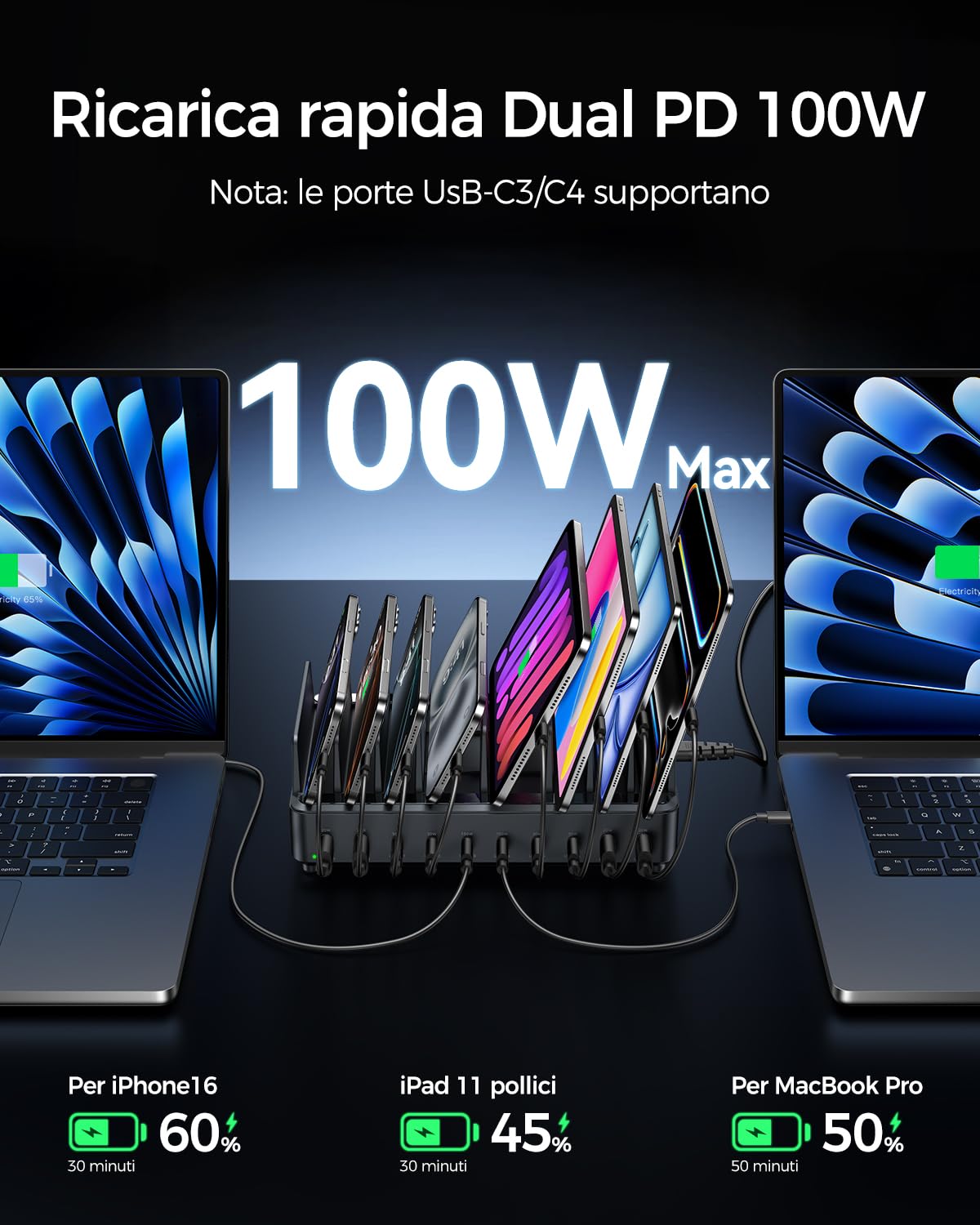 Stazione di Ricarica 400W Multi-dispositivo Rocoren da, PD100W USB C GaN 10 Porte Stazione di Ricarica per Telefoni Cellulari, Caricabatterie da Tavolo Compatibile con MacBook Pro/Air, iPh0ne, Galaxy