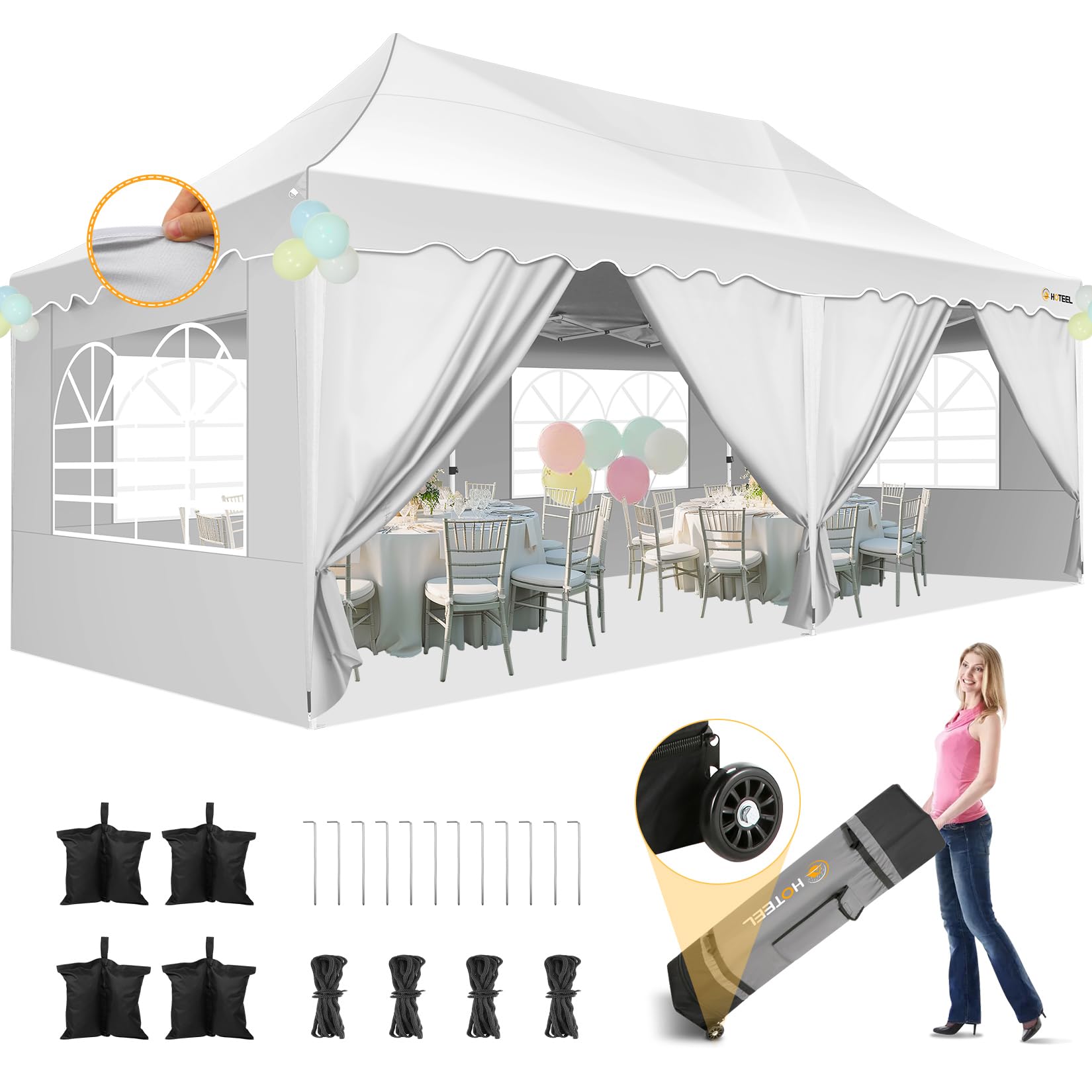 HOTEEL 10x20 Pop up Canopy Tent with 6 Removable Sidewalls, Wave Hem Roof 10x20 Canopy with Wheel Bag and 4 Sandbag, Commercial Pop up Tent Waterproof Sunshade for Wedding Party Stall(White)