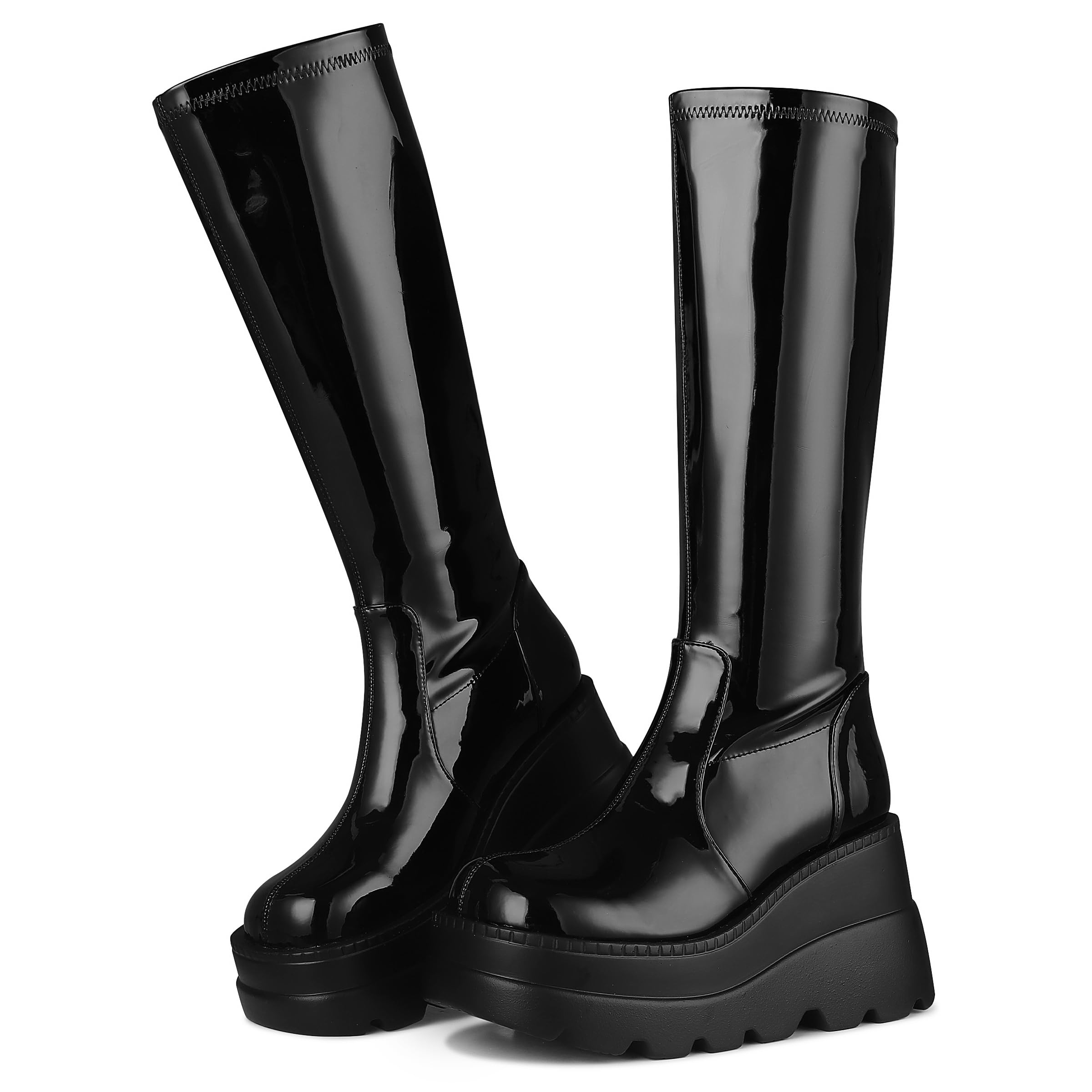 CELNEPHO Womens High Platform Mid Calf Wedges Chunky High Heel Round-Toe Side Zip Punk Combat Boots For Women