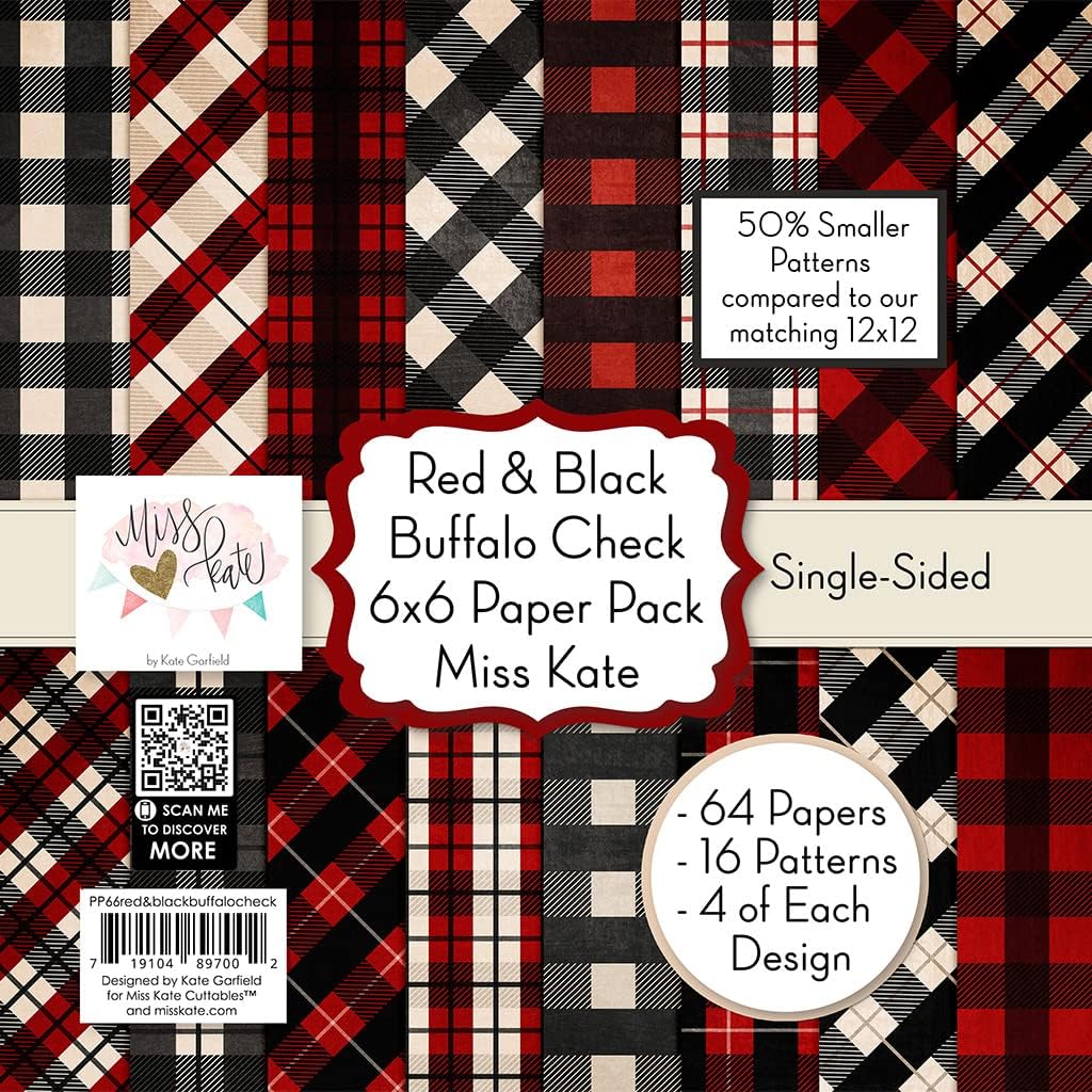 6x6 Pattern Paper Pack – Red & Black Buffalo Check - for 7 Scrapbook Premium Specialty Paper Single-Sided 6"x6" Collection Includes 64 Sheets - 50% Smaller Patterns - by Miss Kate Cuttables