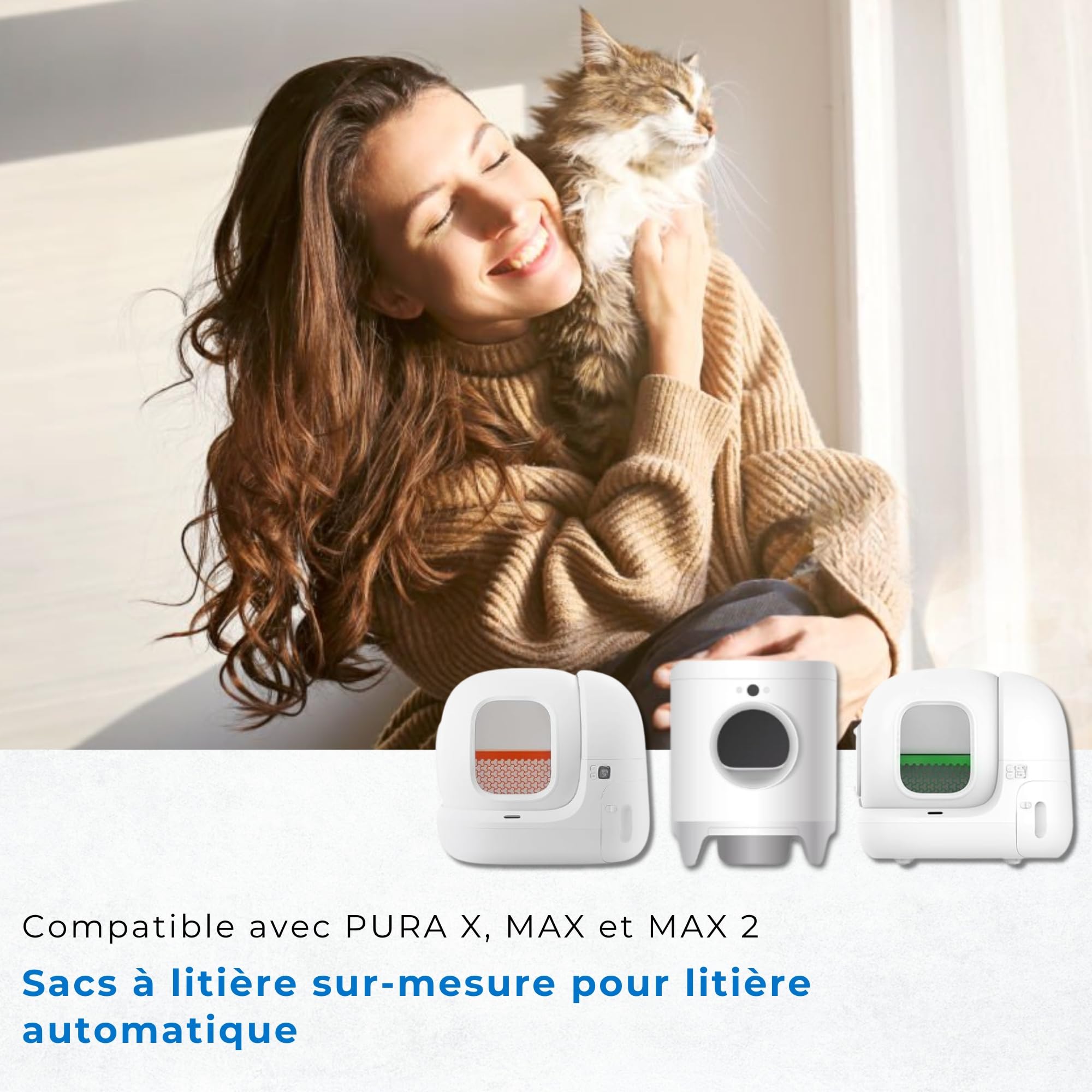Sac Poubelle pour Litière Automatique Chat - Compatible Petkit Pura Max 2, Pura X - Lot de 5 Rouleaux (100 Sacs Pré-Séparés) Résistantes avec Cordon Code du Sac G Éco Pack avec Dévidoir Intégré