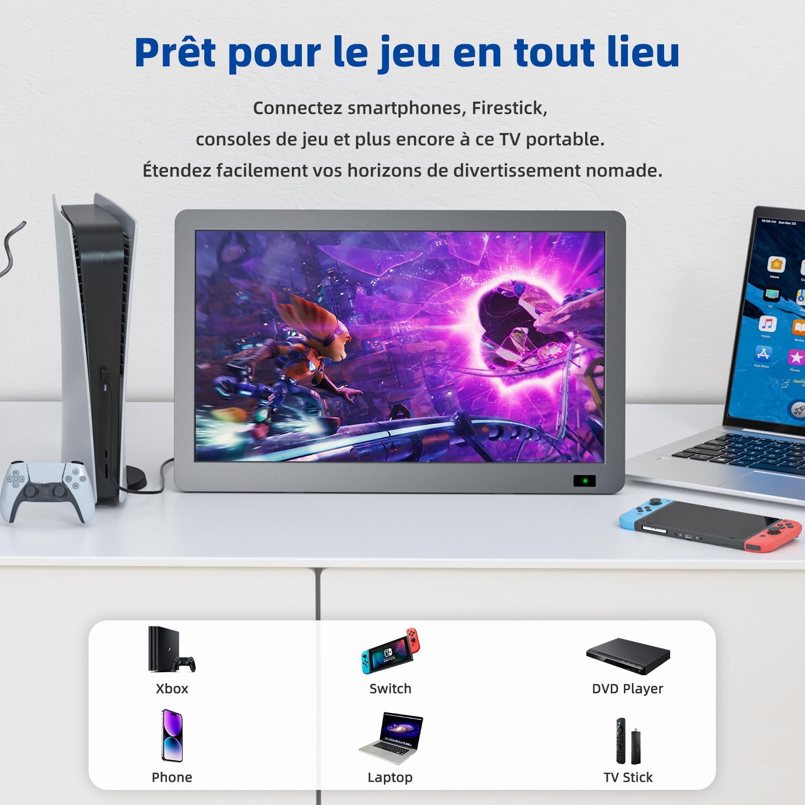 Desobry Téléviseur Portable 14.3 Pouces avec antenne, Petit téléviseur Portable avec Tuner DVB-T2, Mini téléviseur LCD Qui Peut être rechargé avec des Piles