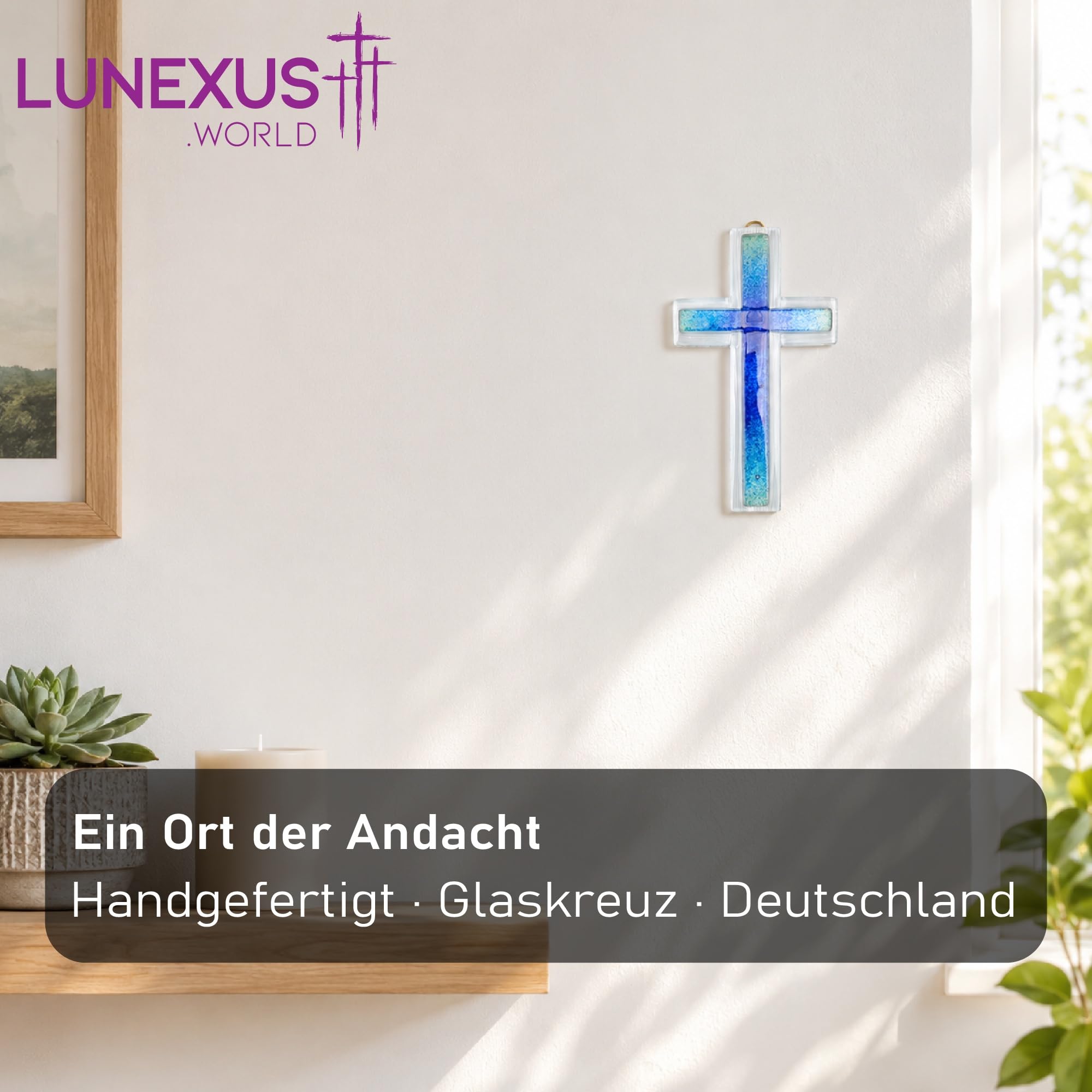 Lunexus Szklany krzyż ścienny 20,5 cm, ręcznie wykonany, prezent na chrzest, komunię, bierzmowanie, krzyż, szkło, niebieski, religijny krzyż dekoracyjny do zawieszenia, krzyż dziecięcy, chrzest, dla