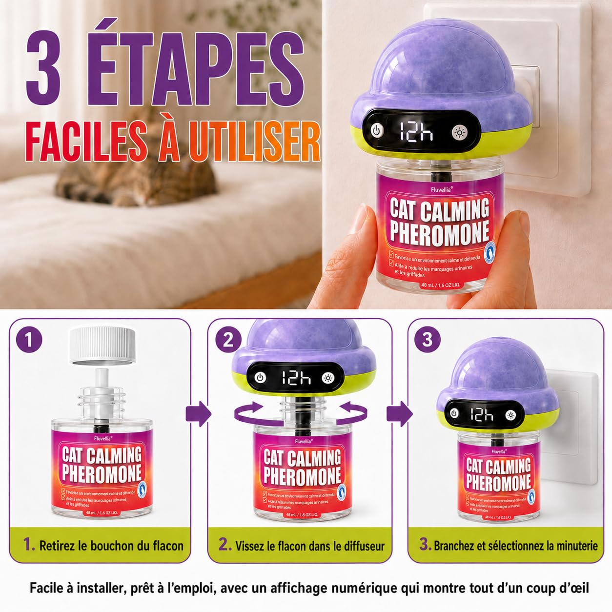 Lot de 6 diffuseurs de phéromones apaisants pour chat avec minuterie numérique de 48 ml