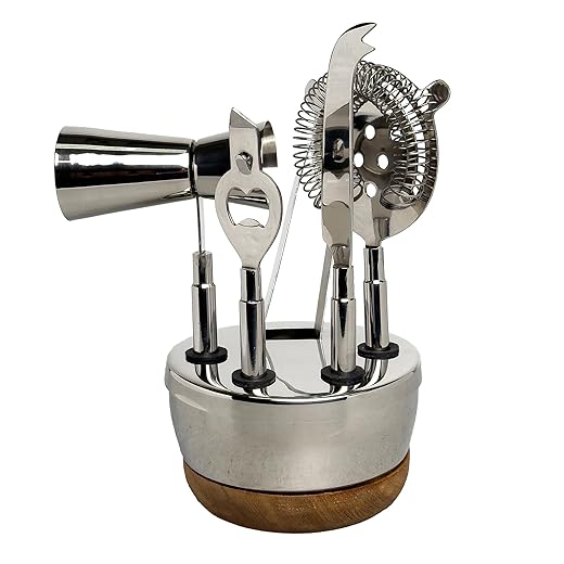 Bartender Tool Set Bar Essentials for Cocktails 4.75 x 9.5 Inch Aluminum Polished Silver with Wood Accents Set of 6