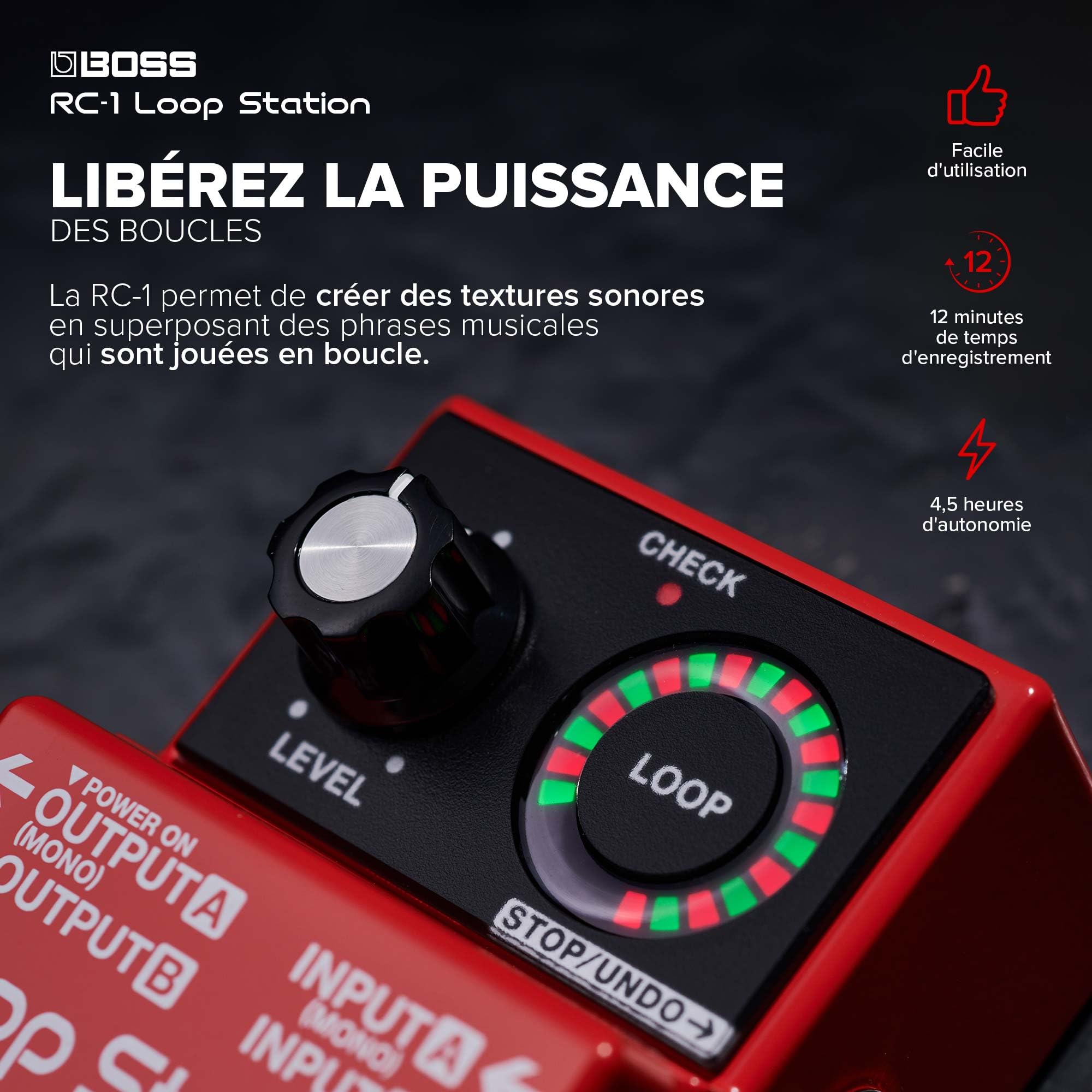 Pédale Loop Station RC-1 BOSS | Le standard du looper simple pour guitare, basse, claviers et autres | Afficheur LED 24 segments | 12 minutes d'enregistrement