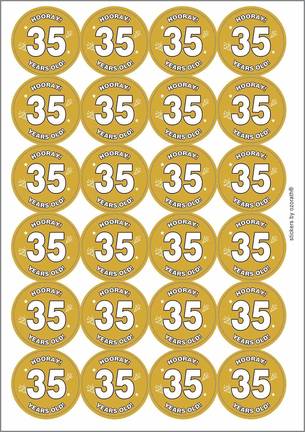 Hooray 35 Thirty Five Thirty Fifth 35th Birthday Circular Matt Paper Stickers A4 Sheet of 24 (Each Sticker is 45mm Diameter)