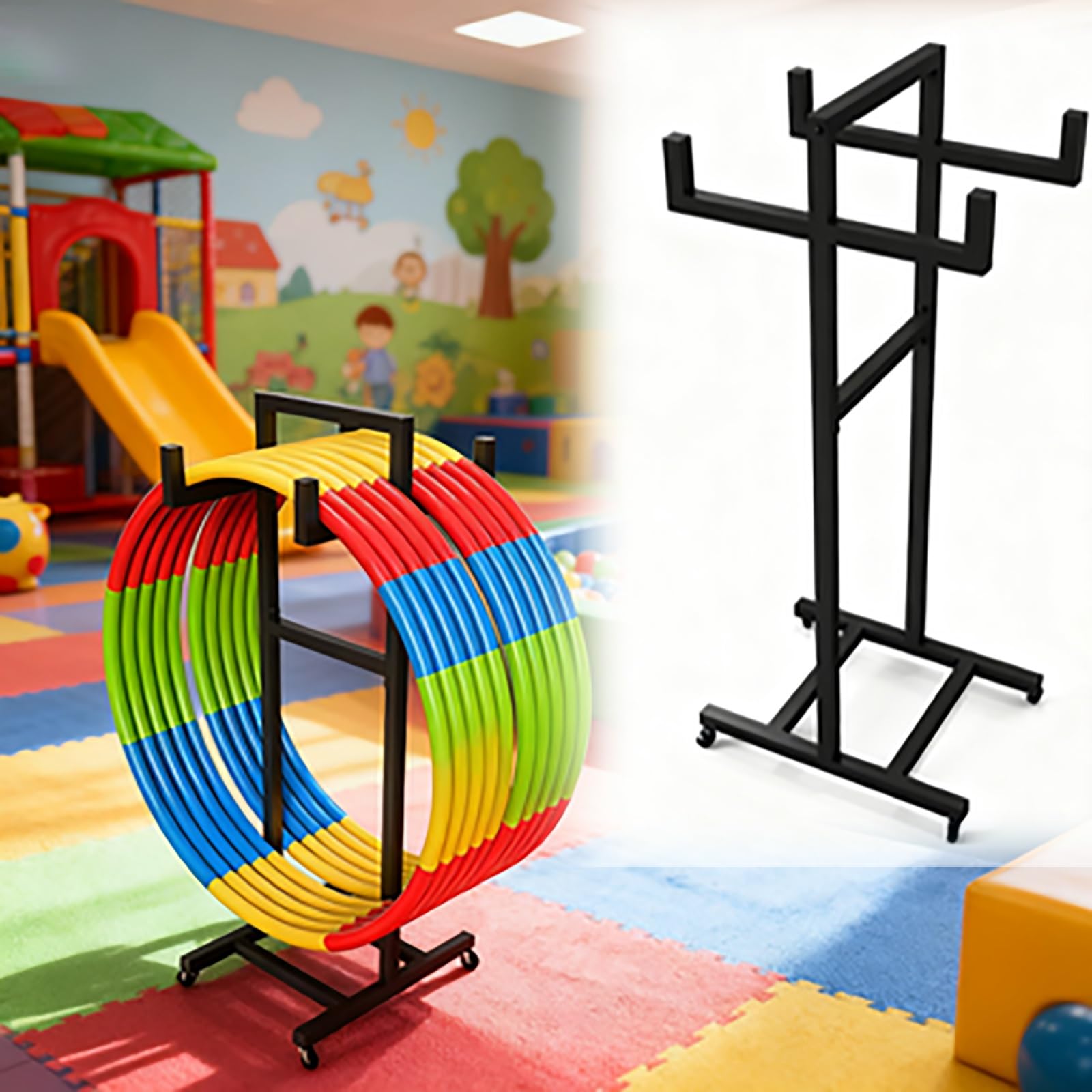 Hula Hoop Halterung Praktischer Hula-Hoop-Wagen aus Metall, Fitnessring-Aufbewahrungsregal mit Rädern, Aufbewahrungsrahmen für Gymnastikreifen und Springseile