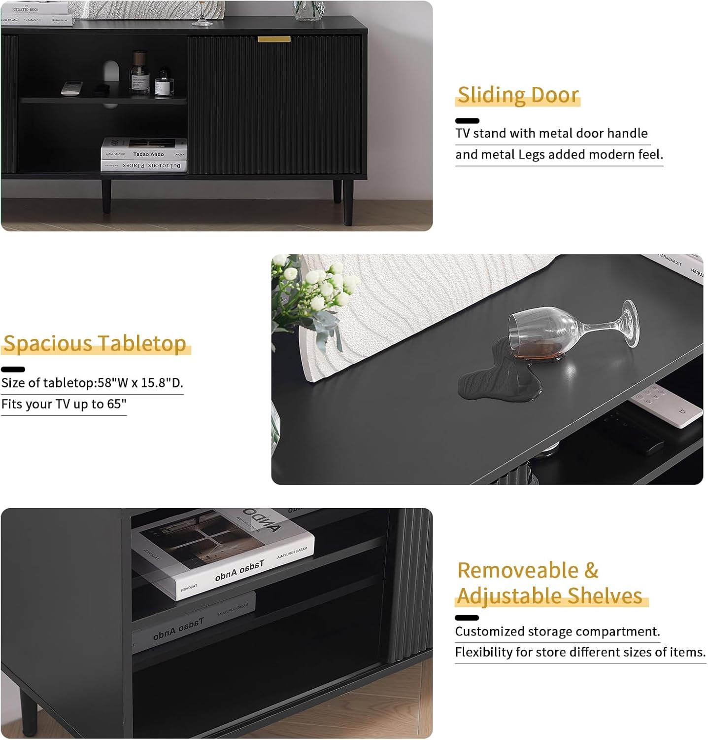 Okvnbjk TV Stand for 65+ Inch TV, Modern Living Room Entertainment Center with Storage Cabinets, Waveform Panel Wood TV Cabinets with Sliding Doors &Ajustable Shelves, Black TV Console for Bedroom