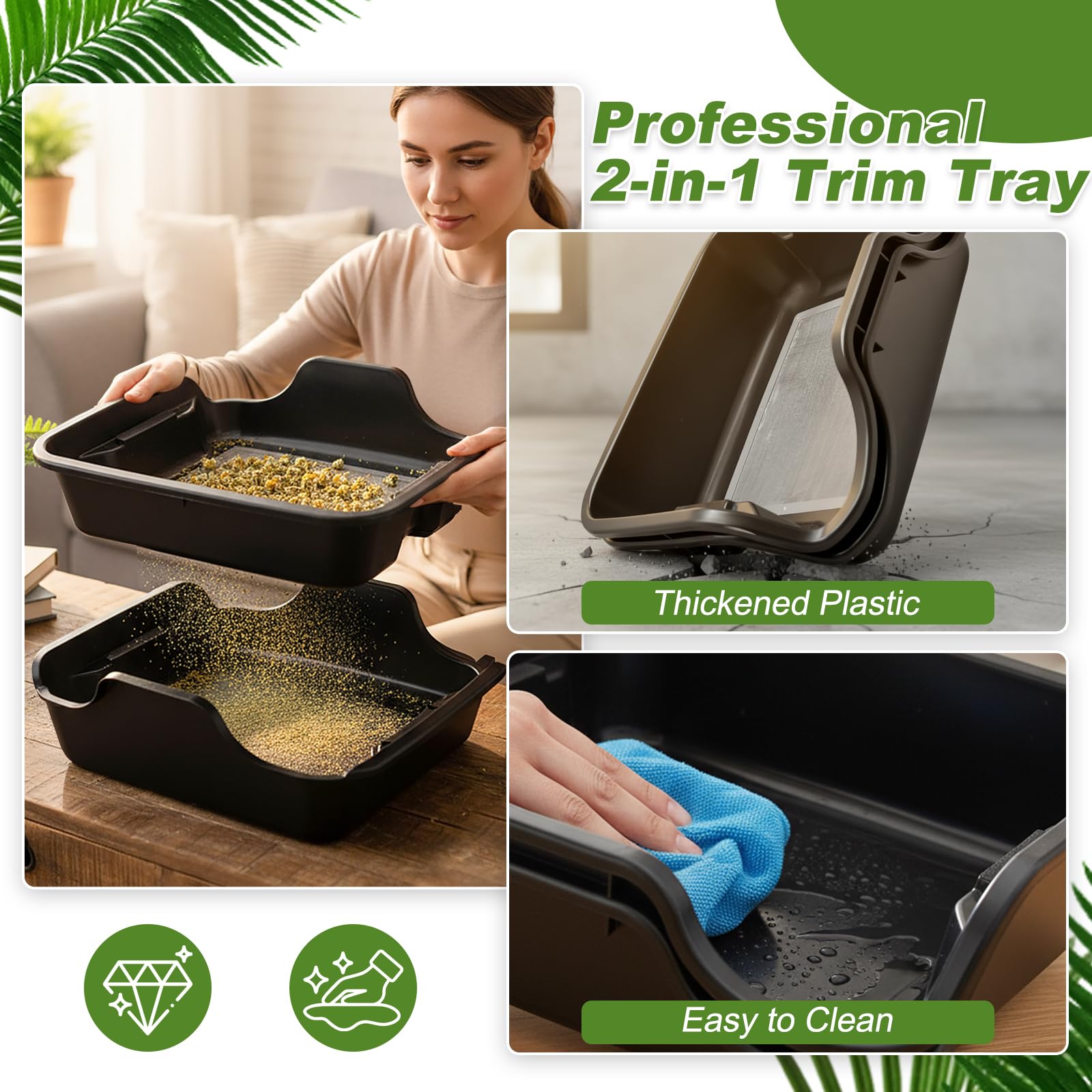 Bandeja de Recorte con Filtro Polen de 150 Micras, Trim Tray Bin Recipiente de Recolección ergonómico, Tamiz para Secar Flores Plantas Hierbas, Negro