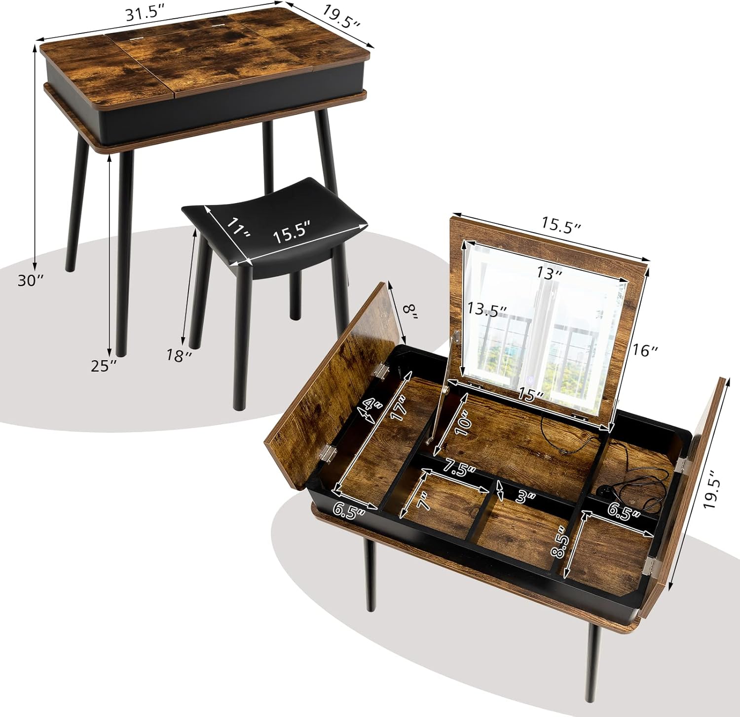 GOFLAME Vanity Table Set with Flip Top Mirror and Stool, Industrial Makeup Dressing Table with 3-Color Lighting Modes & USB Charging Port, 2-in-1 Vanity Desk & Writing Desk for Bedroom, Dressing Room