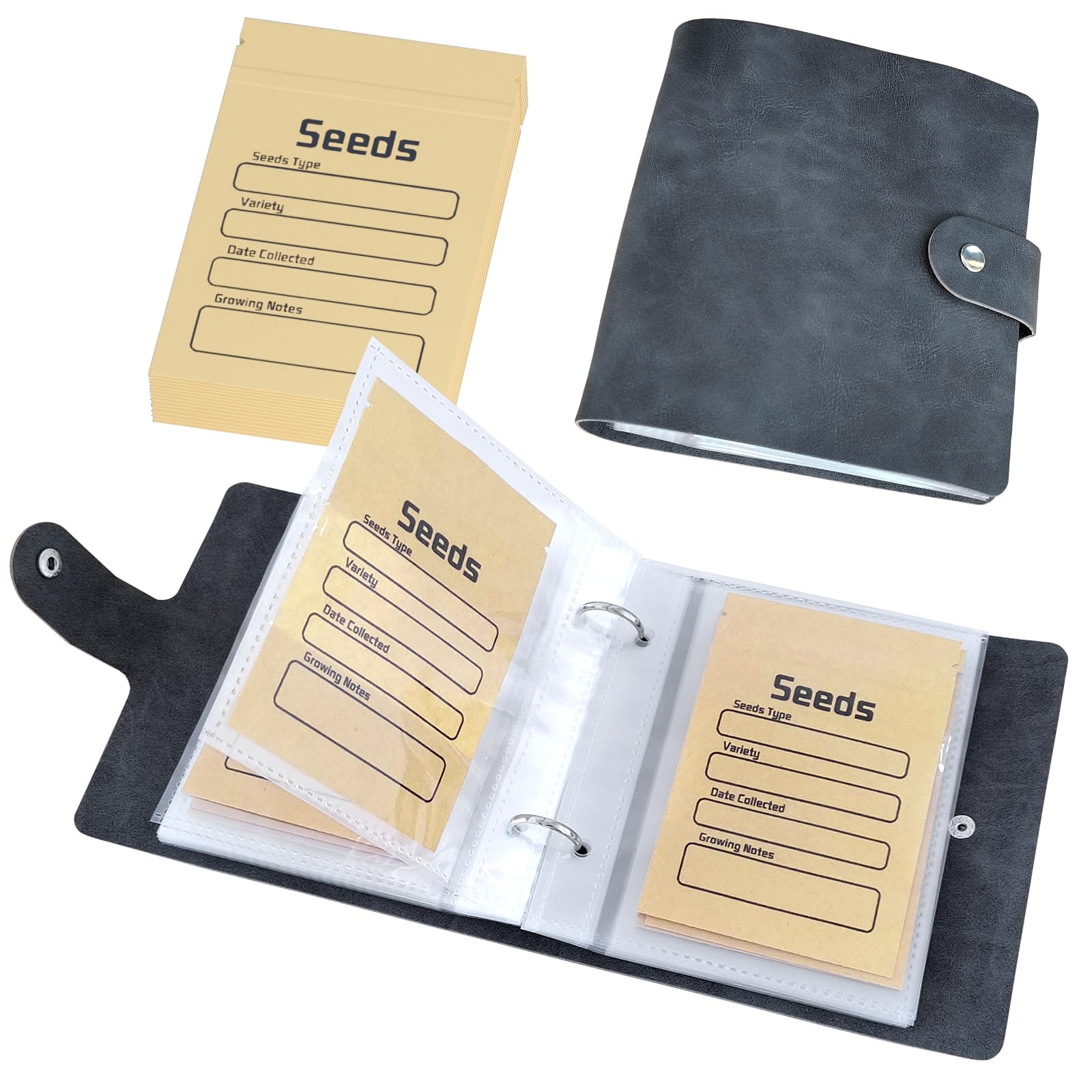 Seed Organizer Binder with 50 PCS Resealable Seed Envelopes - 50 Storage Pockets, 3.5x5 Inch Clear Sleeves, Seed Saver for Garden Lover - Gray