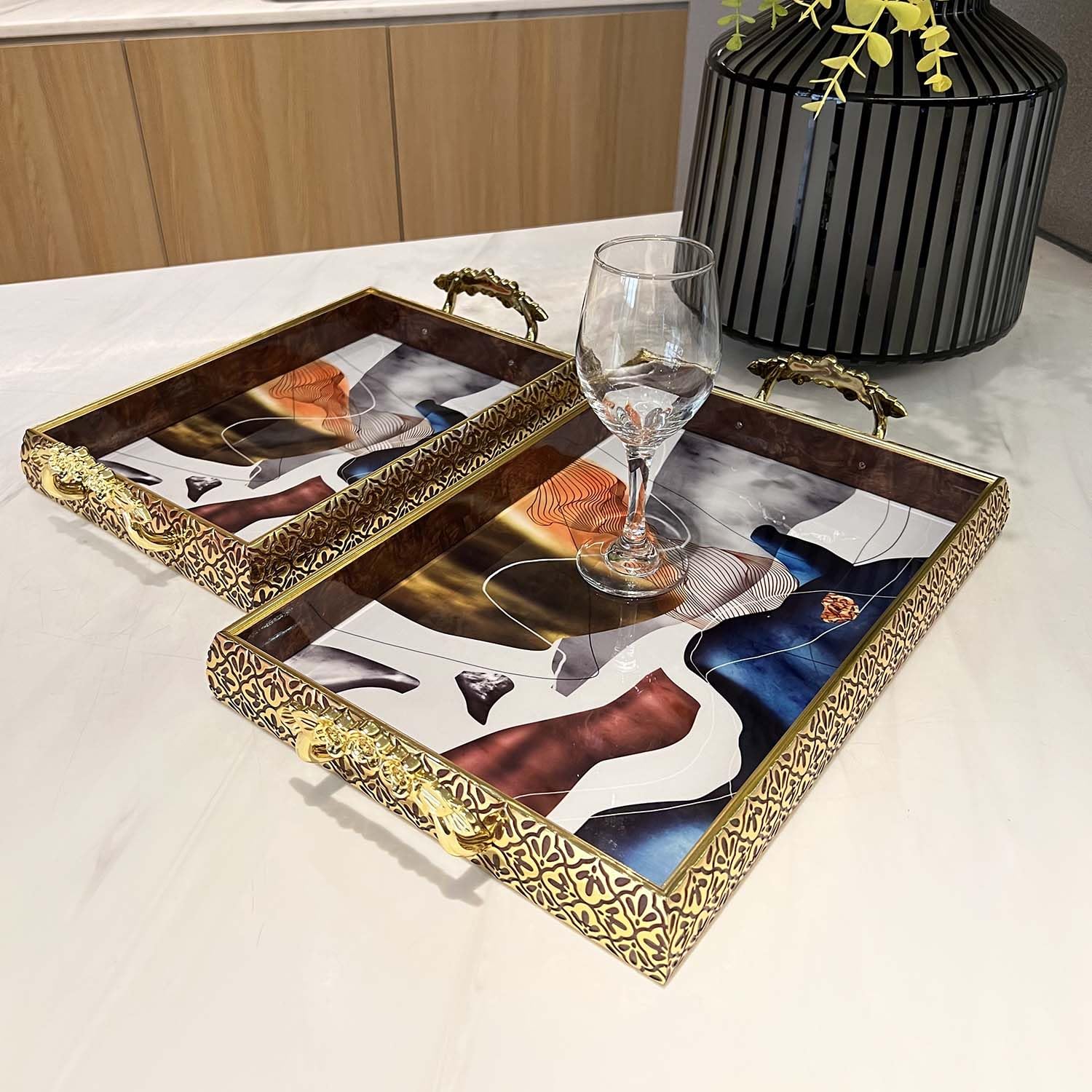 Zosenley Decorative Tray, Set of 2 Abstract Plastic Tray with Gold Patterned Handles