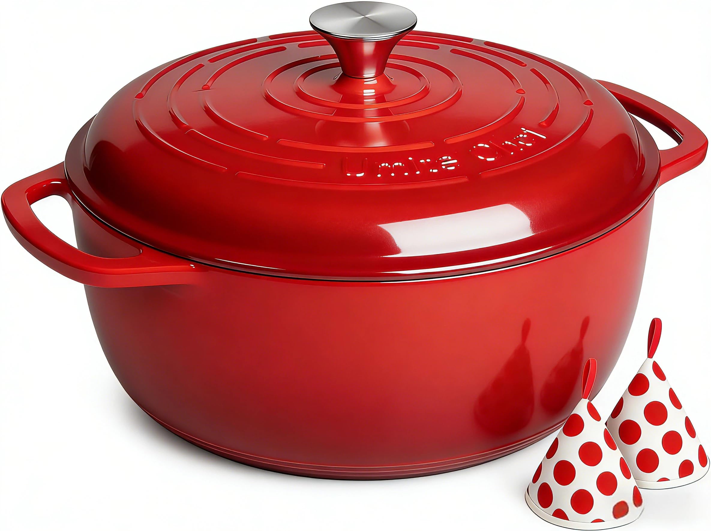 Umite Chef 6QT Enameled Cast Iron Dutch Oven with Lid, Versatile Heavy-Duty Cookware Pot for Baking Bread, Braising, Soups & Stews, Oven & Stovetop Safe with Heat Resistant Gloves(Red)