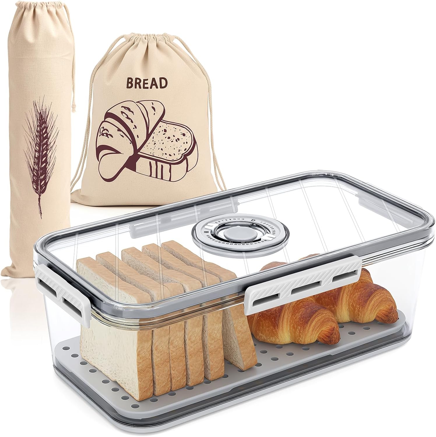 Mittimiya Plastic Transparent Bread Bin Sealed Bread Box with Time Record Bread Storage for Kitchen Worktop with 2 Linen Bags 32.5 x 18 x 11 cm