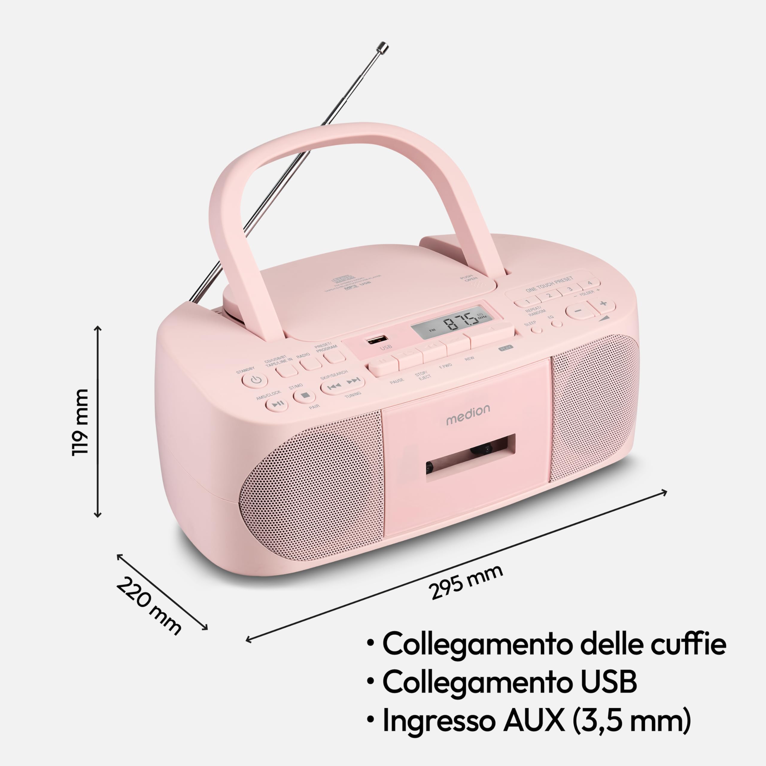 MEDION E65010 Radio Stereo (Lettore CD, Cassette, connessione USB, Ingresso Audio AUX, Riproduzione MP3. Radio FM PLL, Memoria 40 stazioni, Funzionamento a Batteria, Telecomando) Rosa