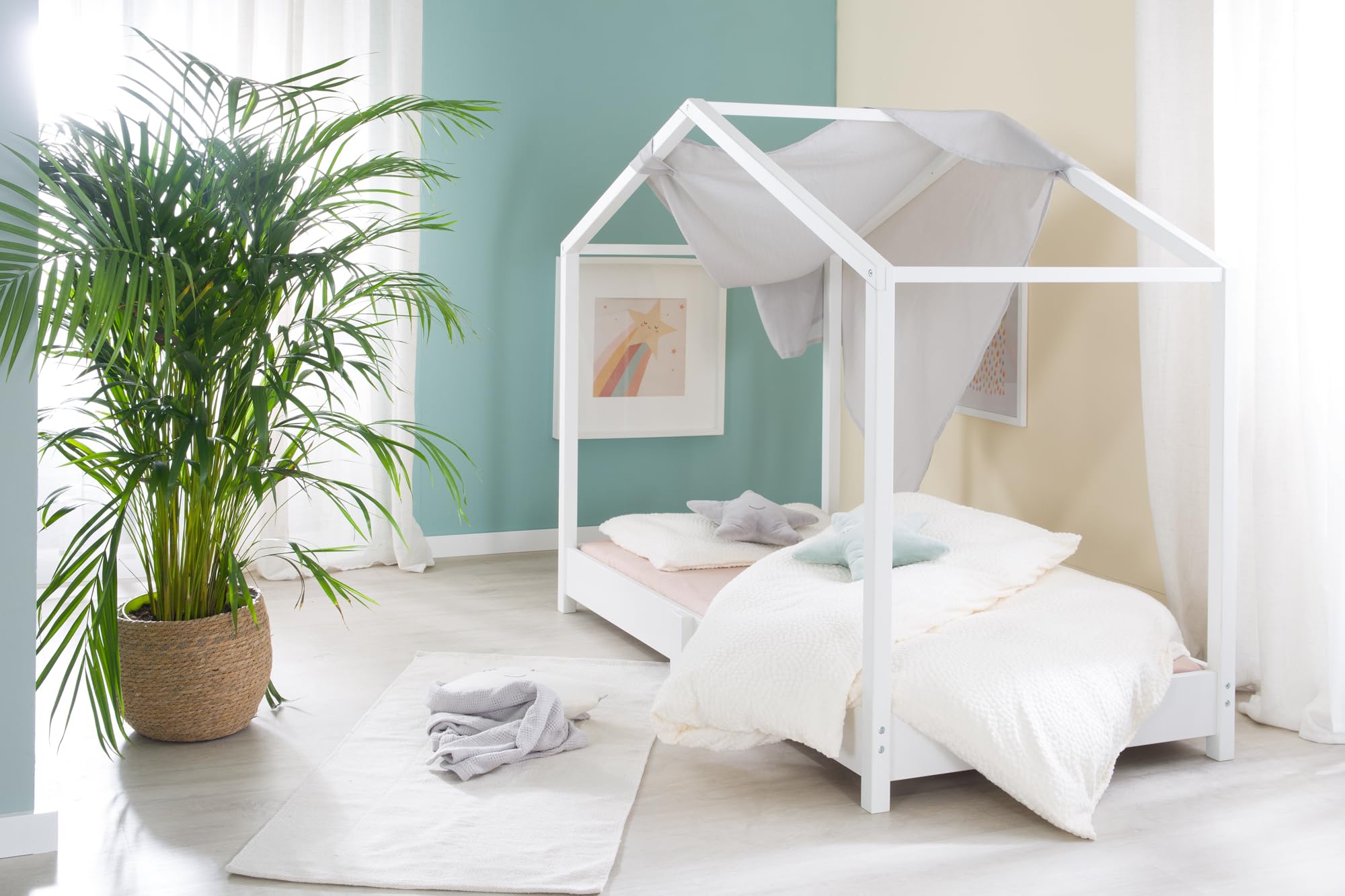 roba Hausbett 70 x 140 cm - Bodenbett für Kinder nach Montessori Prinzip - Erweiterbar durch Lattenrost, Matratze und Hausbettbezug - Holz weiß lackiert