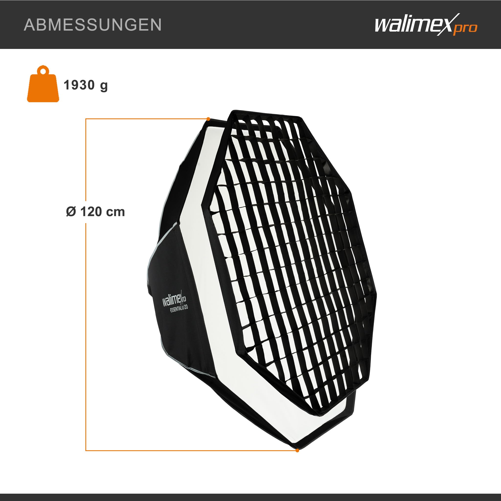 Walimex pro Essential Softbox Octagon 120 cm, Rotation à 360°, Montage Facile, avec Grille, Adaptateur Bowens et Sac de Transport, idéal pour Les Portraits et Les Prises de Vue de beauté