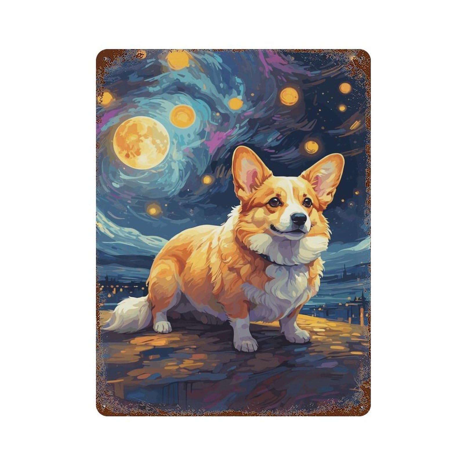 Garage Style Corgi Starry Night Vintage Rust Metal Sign 15.7"x11.8", Vintage Wall Decor for Bar And Workshop