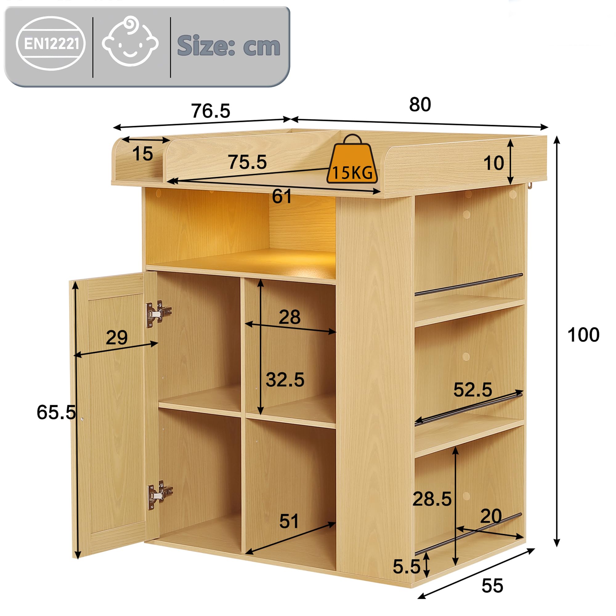 Cambiador de madera natural, gran espacio de almacenamiento, almacenamiento lateral, cambiador con divisor