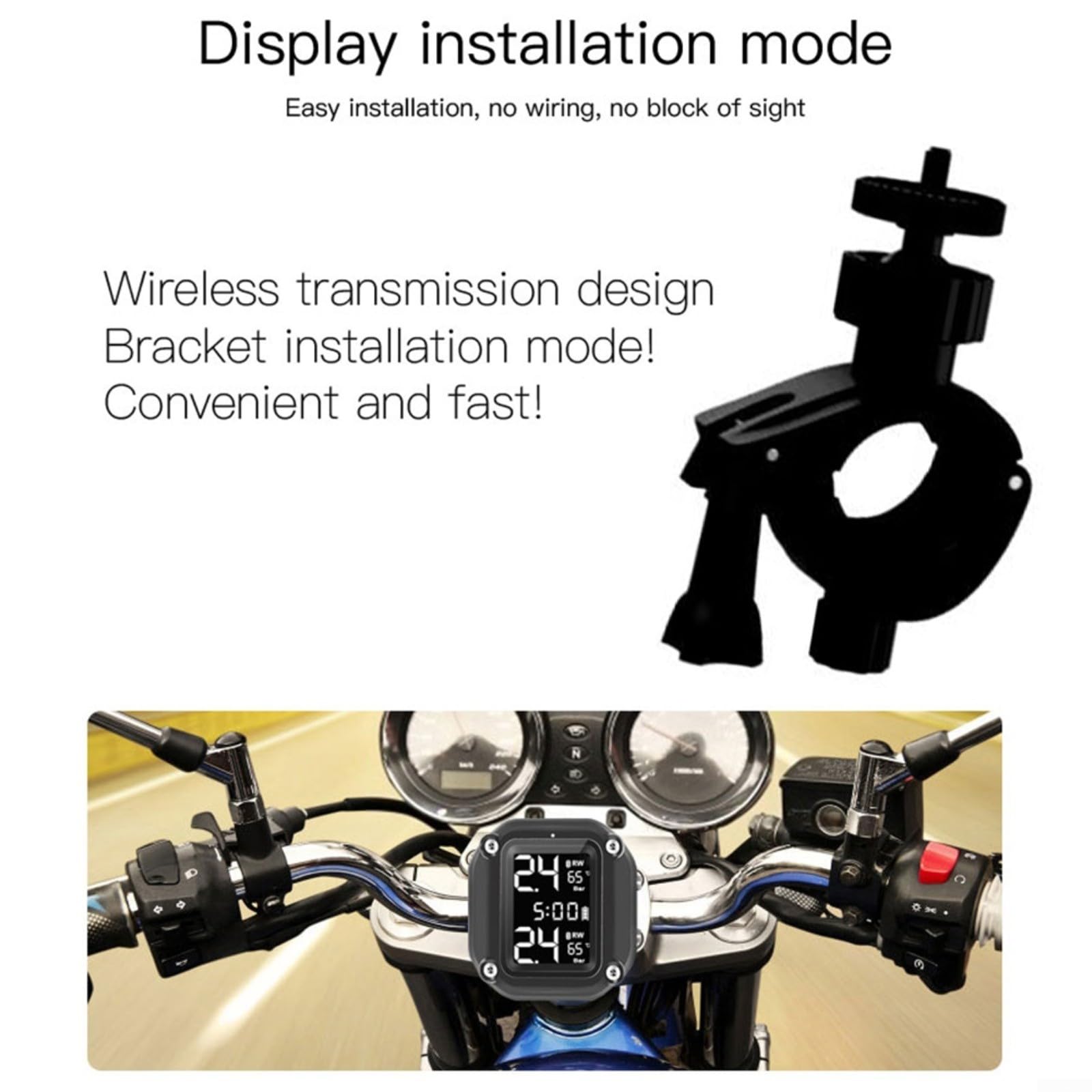 FUBESK Monitoraggio della pressione dei pneumatici, TPMS wireless per moto, monitoraggio in tempo reale, monitor della pressione dei pneumatici, con display LCD e 2 sensori esterni