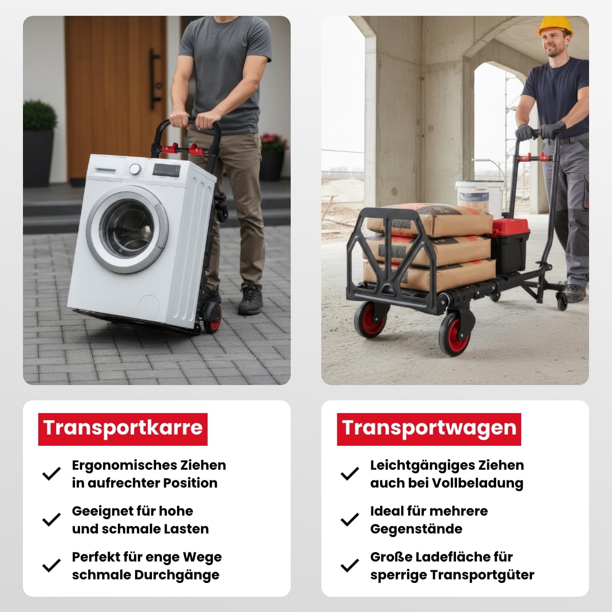 WALTER 2-in-1 Transportwagen & Transportkarre – 150 kg Tragkraft, ausziehbarer Griff, Feststellbremse, elastische Fixierbänder, klappbar