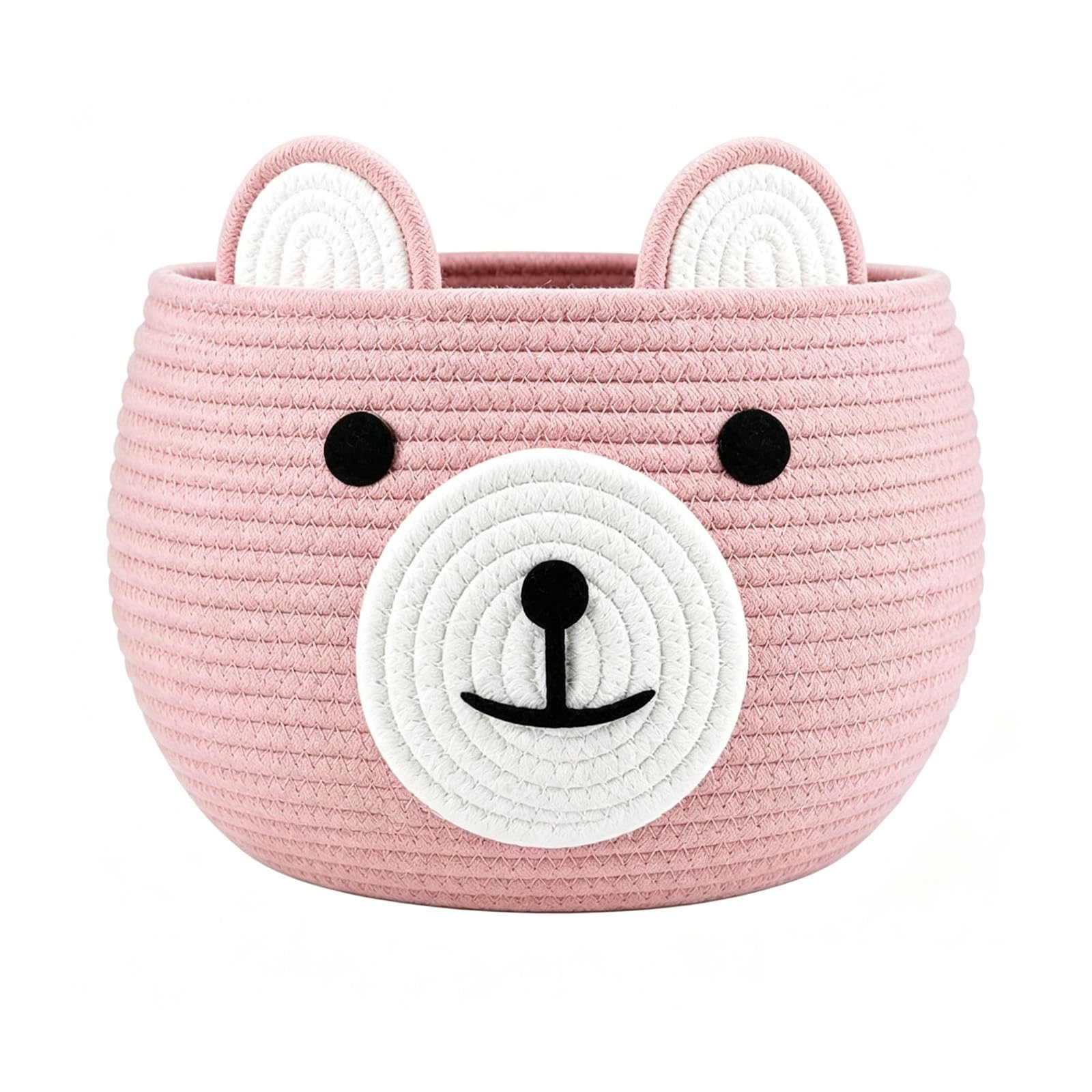 BREEZENEST Cotton Rope Baby Basket, Baby Gift Basket Nursery Laundry Organizer with Cute Bear Design, Storage for Infant Newborn Essentials, Diaper Caddy with Handle (Pink | 1PC)