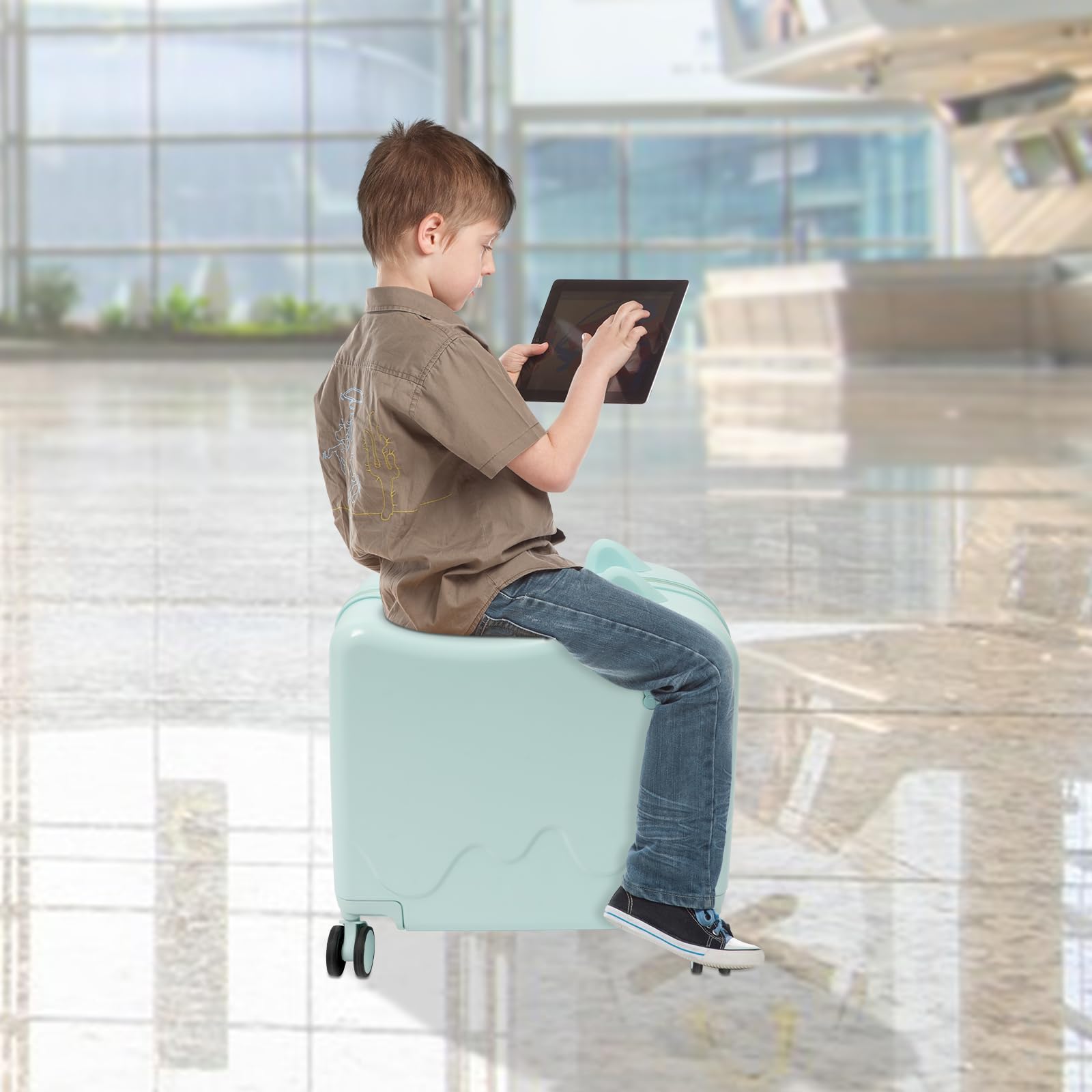 Kinderkoffer zum Draufsitzen, Kindertrolley Kinder Reisekoffer mit Zugstange und Passwortschloss, Rollkoffer Kinder Koffer für 3-6 Jahre Mädchen & Jungen, 37L (Mintgrün)