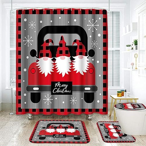 Miniatura 1 de ArtSocket Juego de baño de automóvil de Navidad con cortina de ducha y alfombras y accesorios, juego de cortinas de ducha de invierno rojo nieve