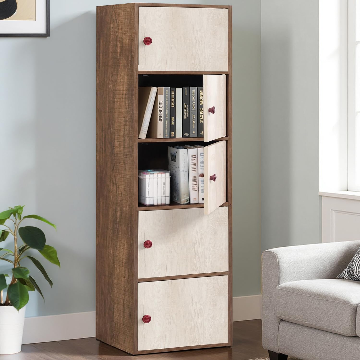 ABOUT SPACE Wooden Book Rack - 5 Tier Storage Cabinet for Living Room with Magnetic Door, Space Saving Book Self for Home, Engineered Wood Cabinet (Walnut - L 38 x B 38.5 x H 165.5 cm)-image-46