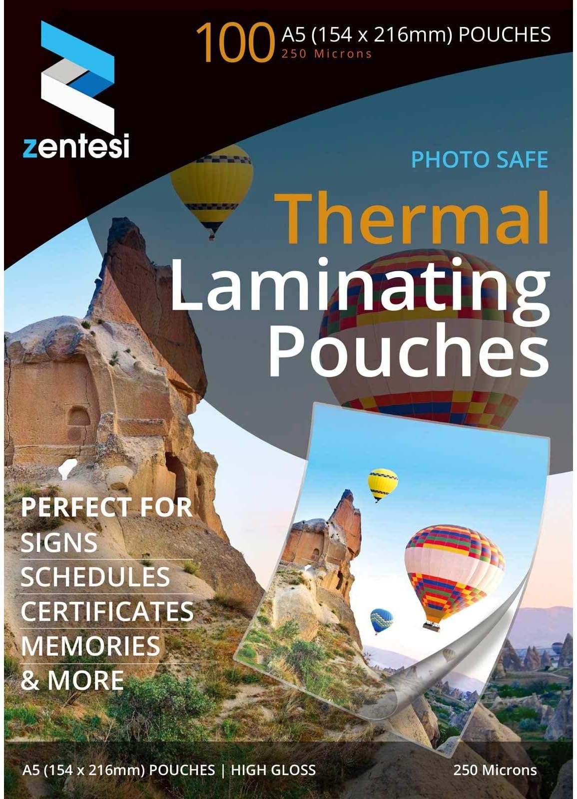 Zentesi A5 Laminating Pouches High Gloss Laminator Sleeves 250 Micron (125 + 125 Microns) Glossy Laminate Pouch Sheets - Pack of 100