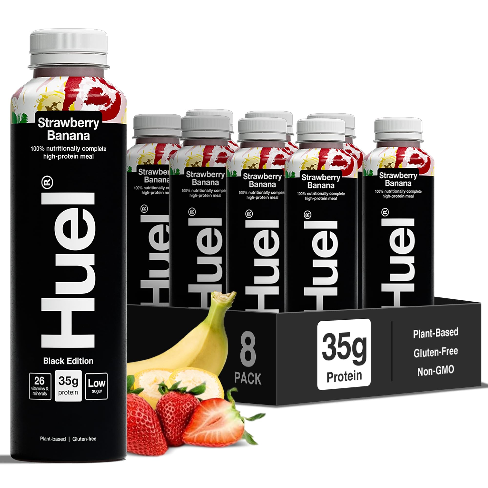 Huel Black Edition Prêt-à-boire, 8 bouteilles de 500 ml, Shakes protéinés, saveur fraise et banane, boisson riche en protéines, 35 g de protéines par bouteille, riche en vitamine D, acides gras
