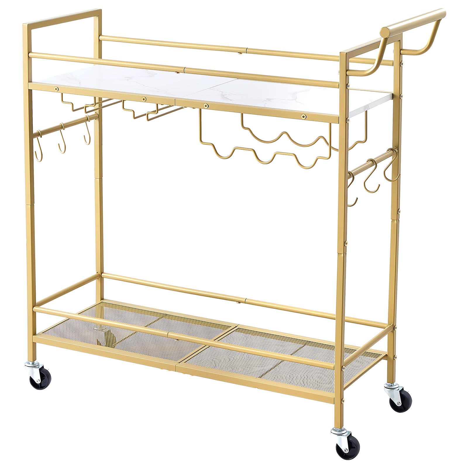 VEVOR Desserte Polyvalente, Chariot de Service pour Bar 2 Niveaux 86x30x83 cm, Rangement Vins Ustensiles Boissons Cuisine, Bar Roulant Étagères en Bois et Grillagée, avec Range-bouteilles Porte-verres