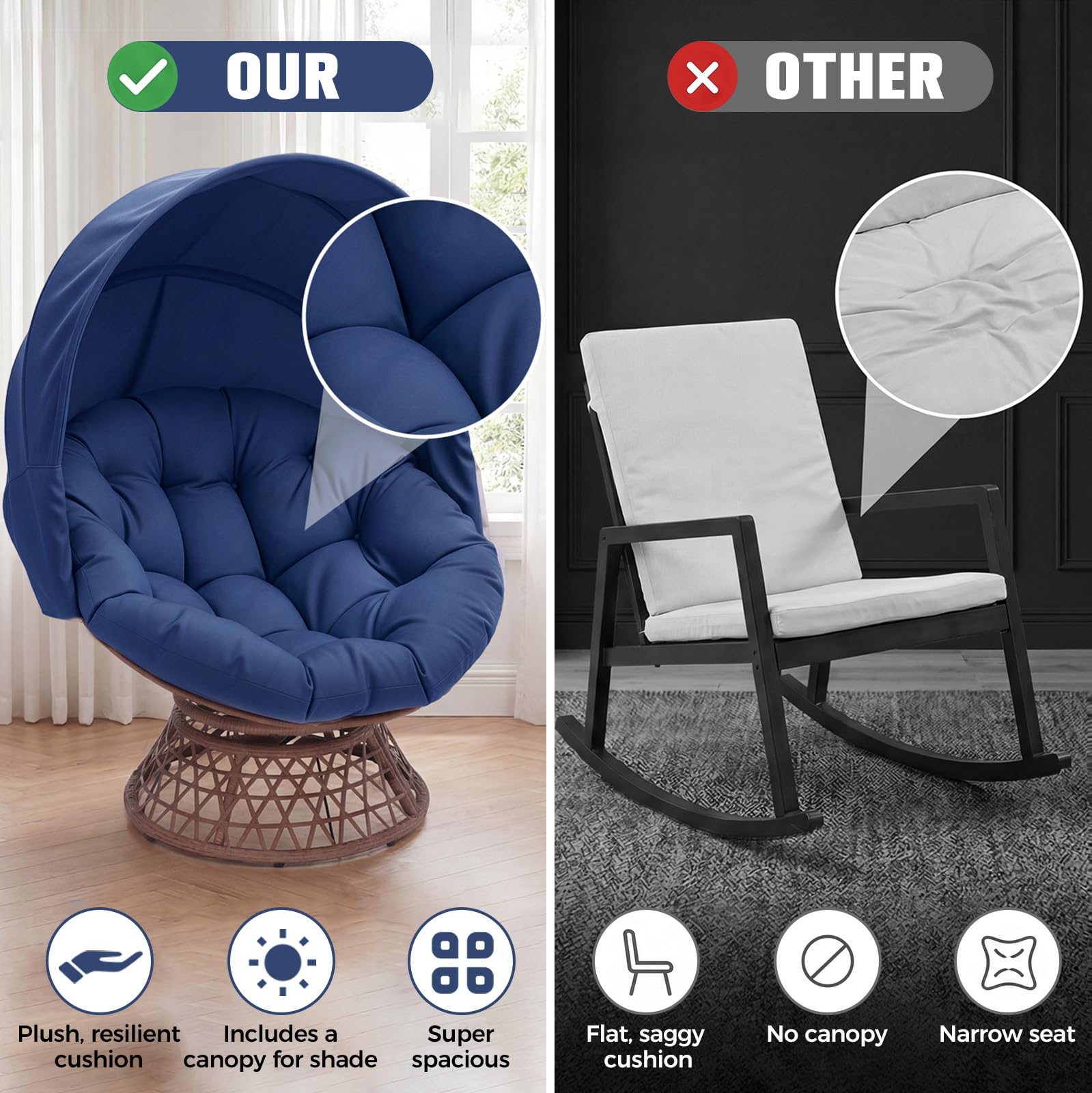 COMHOMA Outdoor Papasan Chair with Canopy, Wicker Rattan Egg Moon Chair with Cushion - Image 6