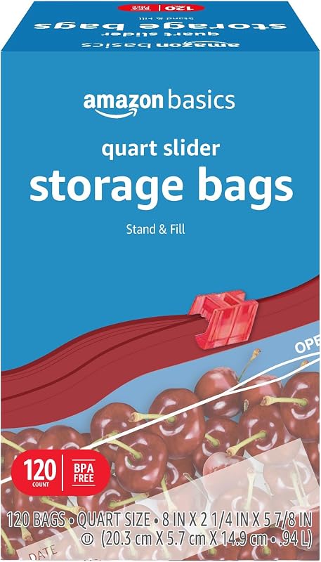 Amazon Basics Slider Quart Food Storage Bags with Stand-Up Bottom, Easy to Fill, BPA Free, 120 Count (Previously Solimo)