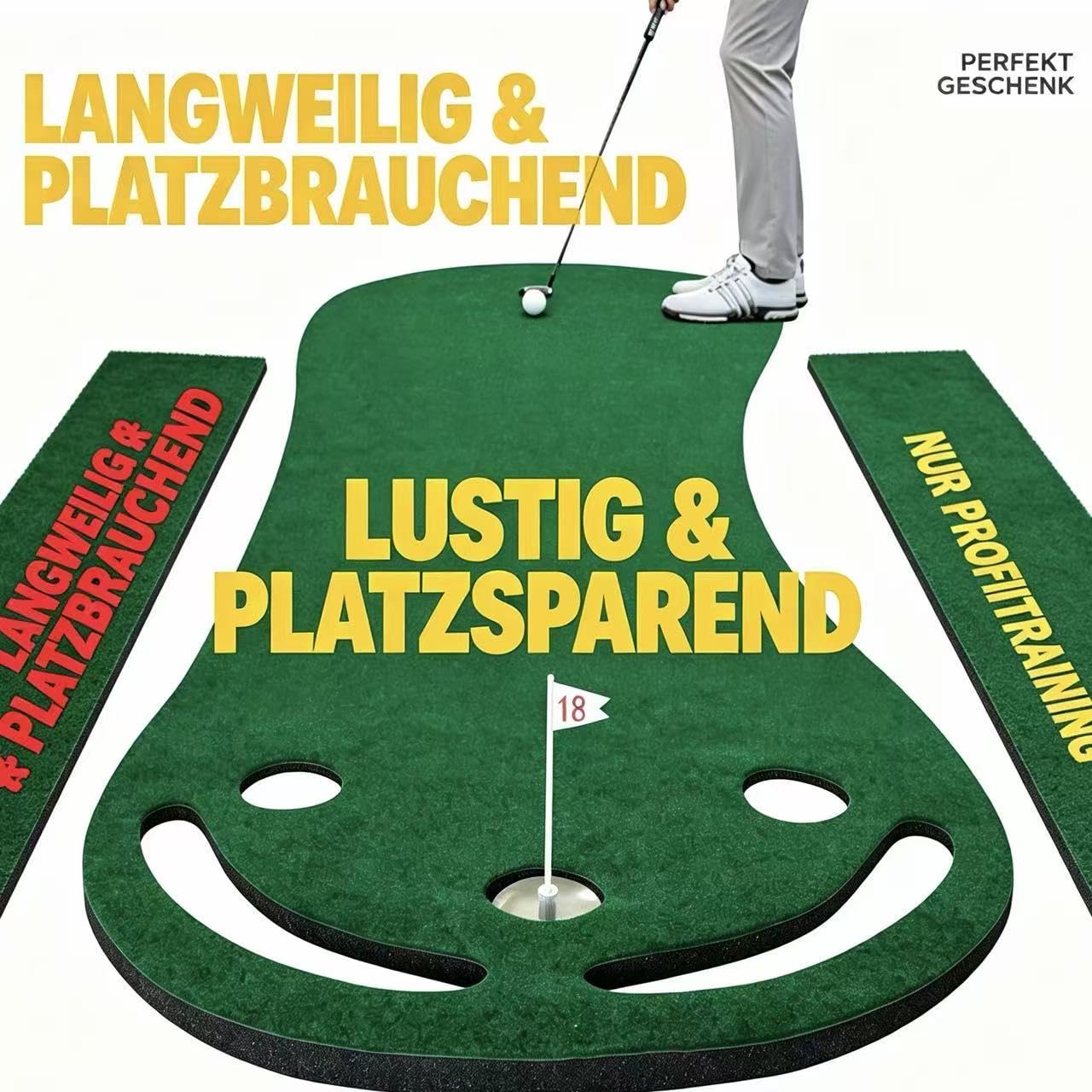 Crestgolf Lachende Golf Putting Matte - Indoor Golf Grün für Zuhause & Büro - Realistische Golf Praxis mit 3 Löchern - Anti-Rutsch Design Golf Liebhaber, Kollegen & Familie