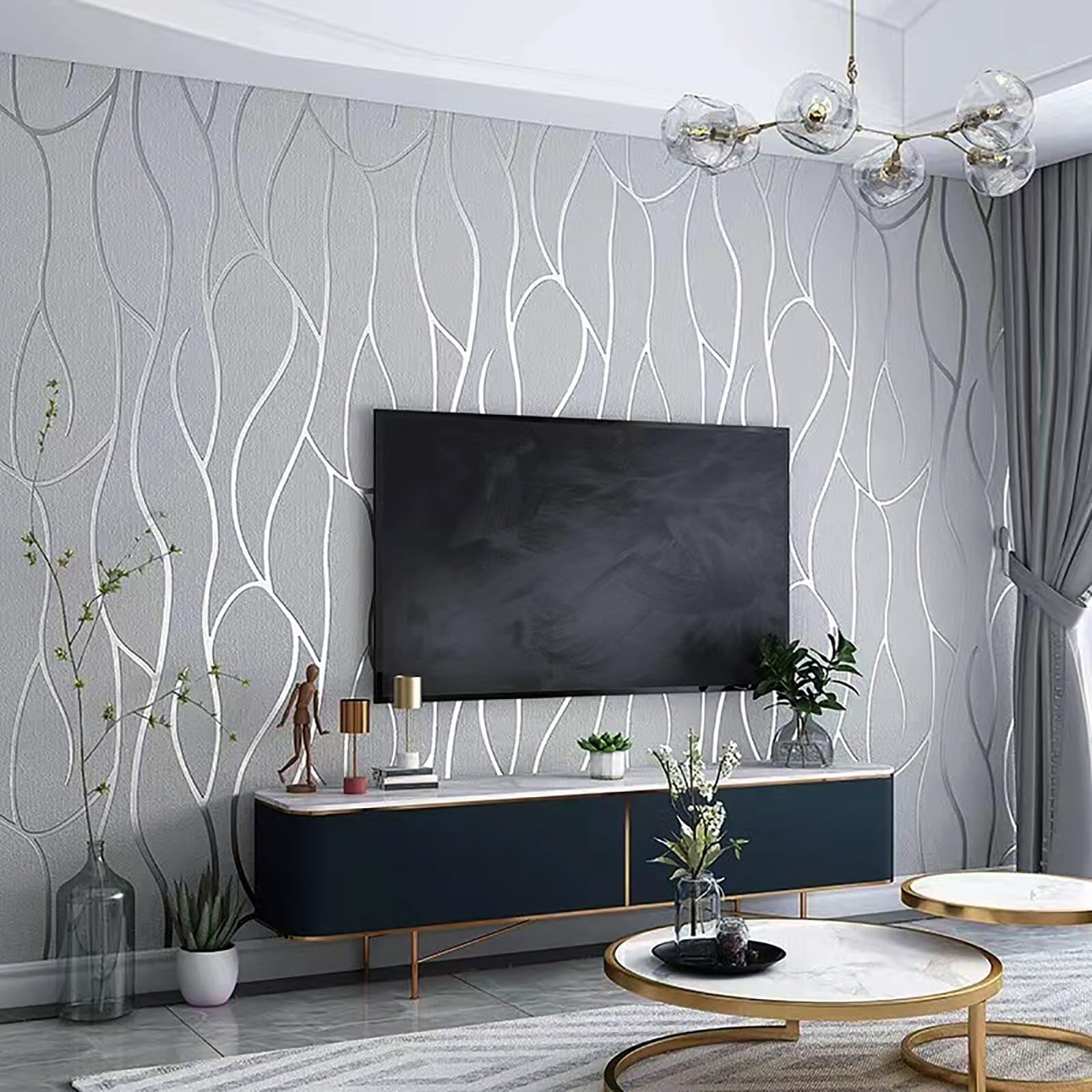 Trafagala 3D Non-Woven Embossed Silver Grey Wallpaper Textured Effect Wall Paper Roll Modern Micro Glitter Geometric Striped Satin Surface Feature Wallpaper for Livingroom Bedroom