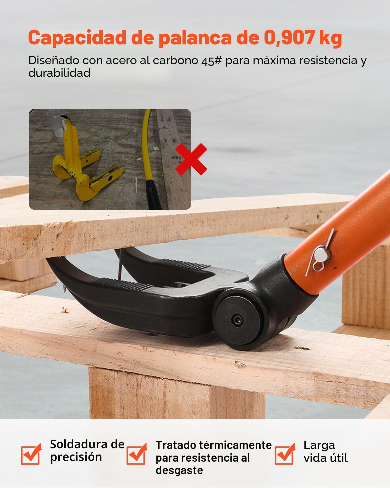 VEVOR Herramienta de Demolición de Palés, Mango de Acero al Carbono de 1,1 m, Capacidad de Peso de 907 kg, Barra Rompedora para Suelos, Estructuras, Techos, Molduras y Paneles de Yeso, Naranja
