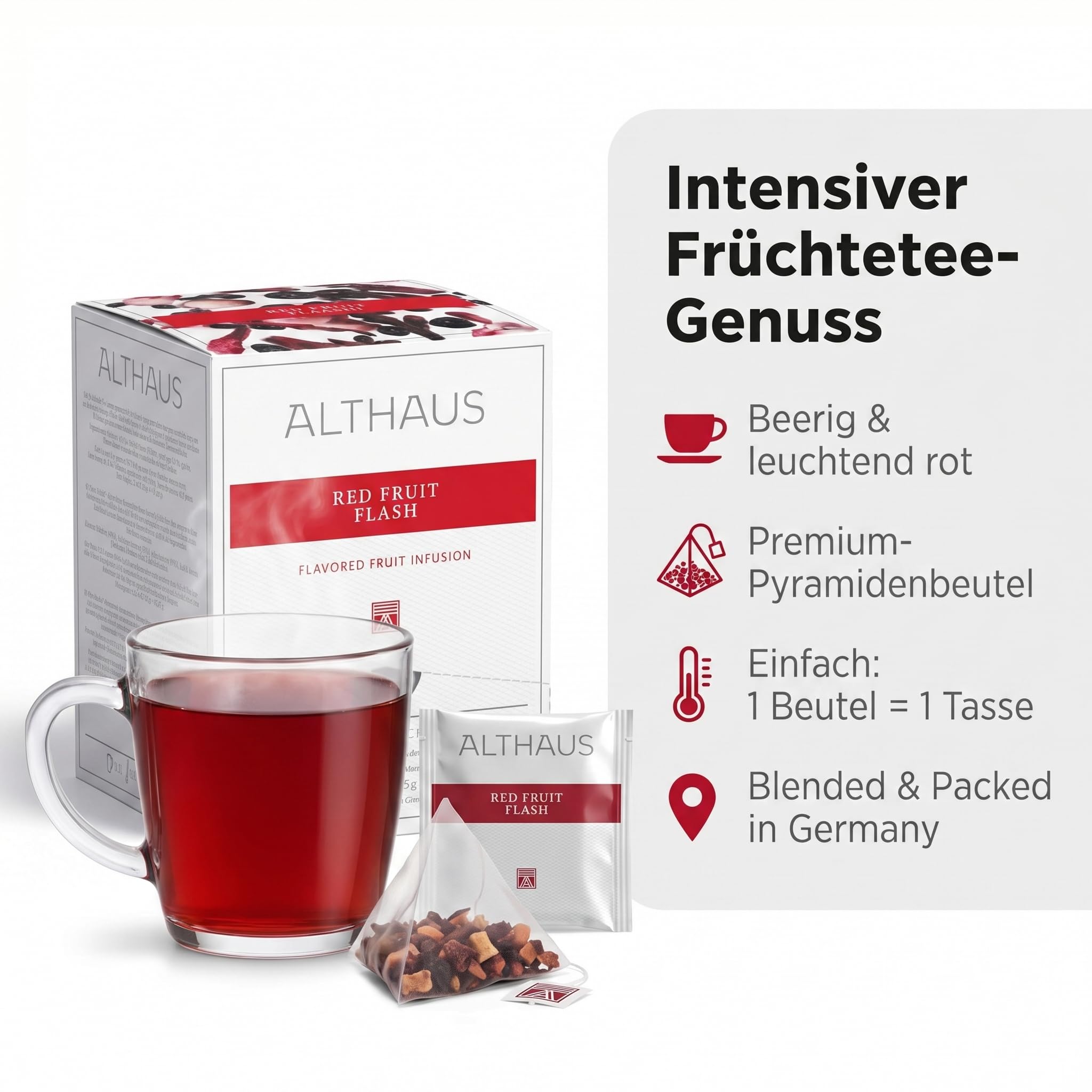 4er Set Althaus Tee Red Fruit Flash, 4 x 15 Pyramidenbeutel Premium Tee, Loser Tee in Pyramidenform, Aromatisierter Früchtetee, Fruchtinfusion in Pyramiden-Teebeuteln