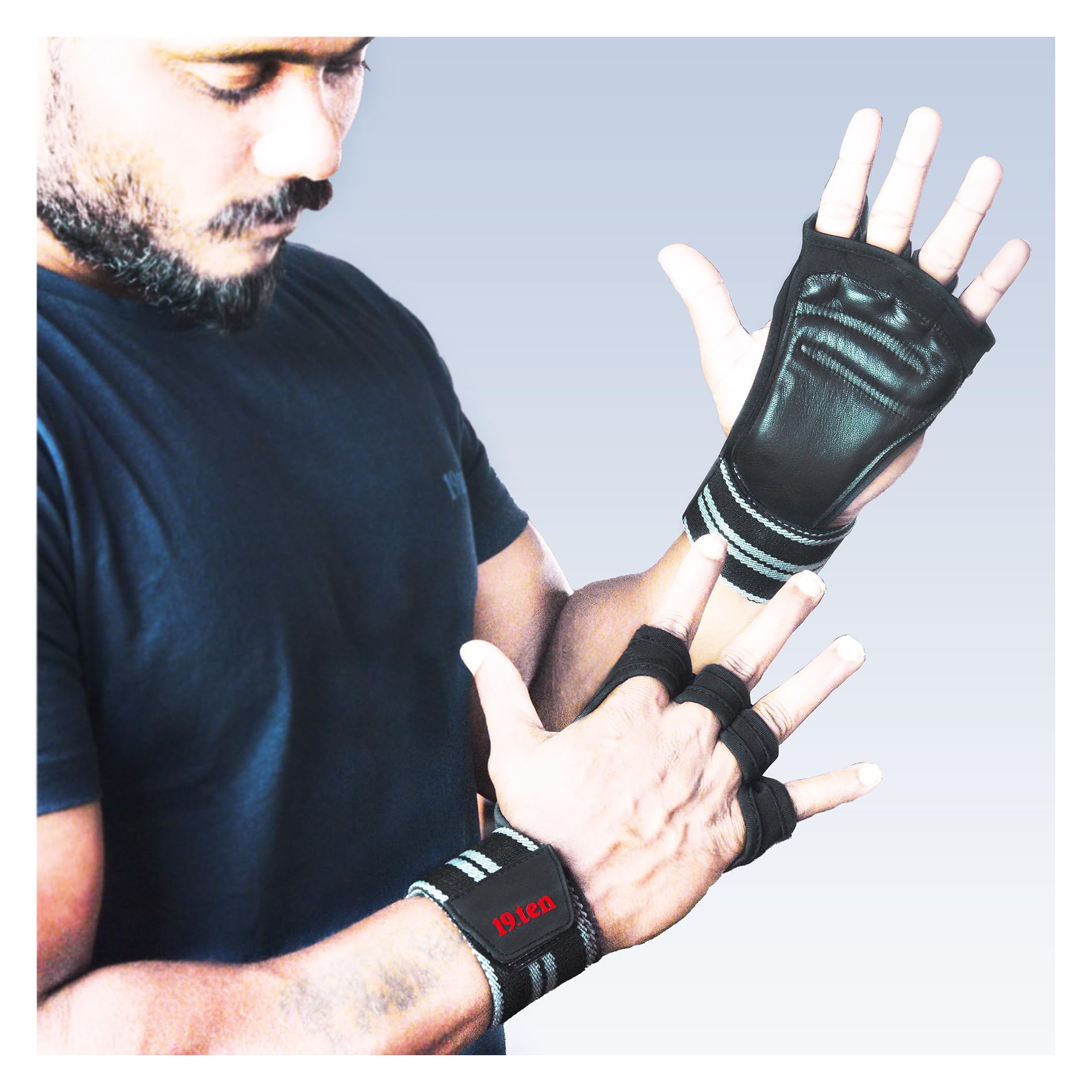 19ten Grippy Unisex Palm Protector Gym Exercise Fitness Workout Power Lifting Training Gloves Zero Sweat with Wrist Support (Grey Line Grips, Medium)