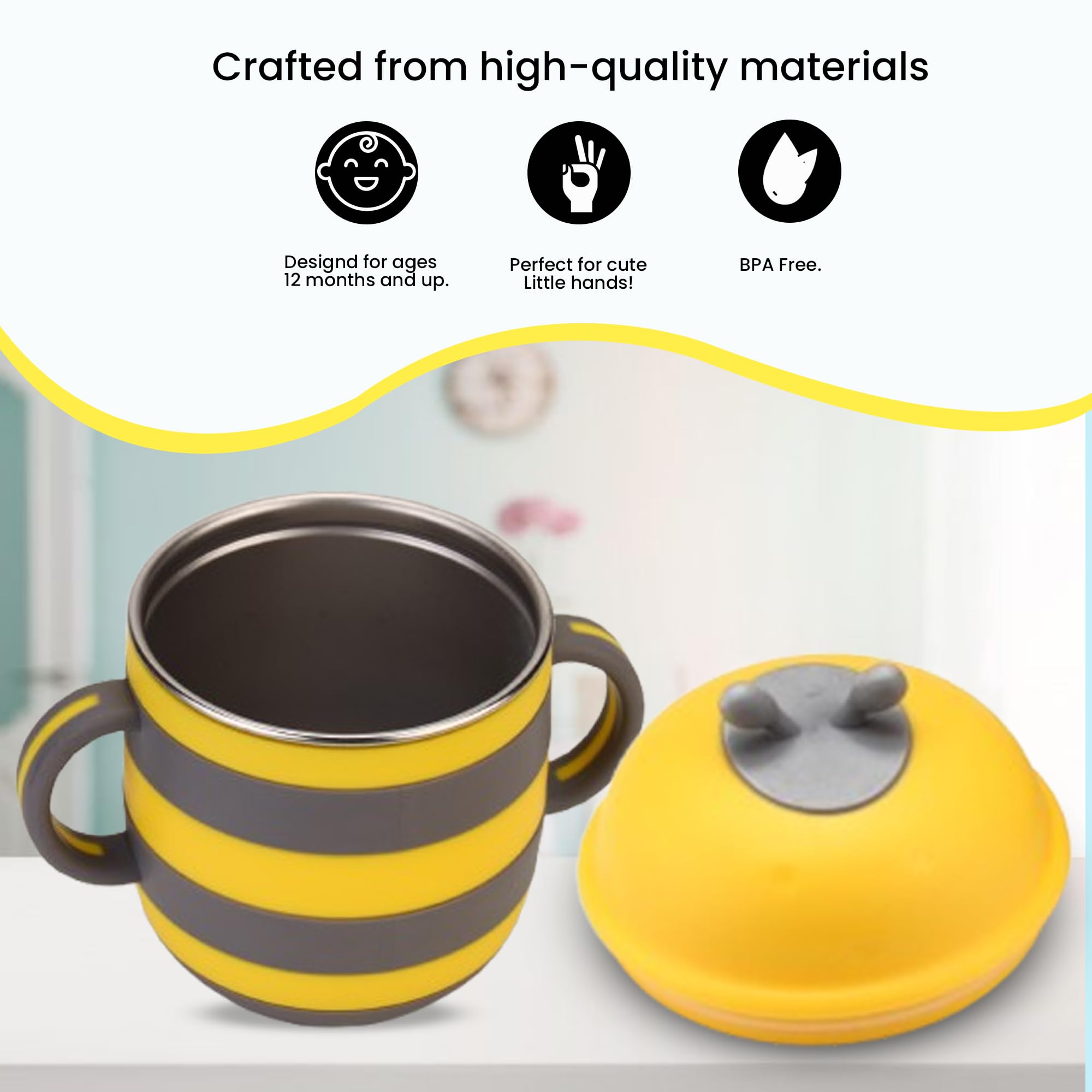 ONE AND ONLY Baby Sippy Cup | Stainless Steel Spill Proof Training Cup & Water Bottle with Handle | Toddler & Kids Milk Sipper Feeding Bottle | BPA-Free Baby Drinking Cup (Yellow) - Image 3 thumbnail