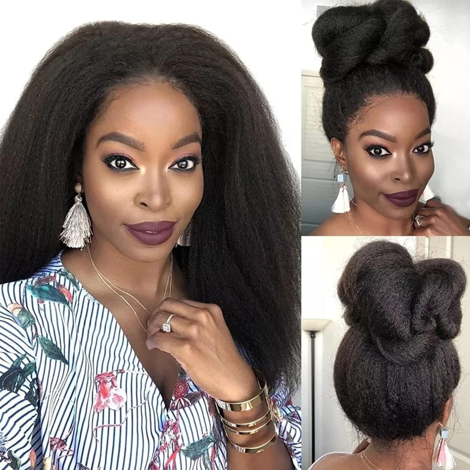 Enoya 360 Lace Front Wigs Human Hair Pre Plucked Pre Bleached Knots With 200 Density，Natural Black Kinky Straight Glueless Wigs For Black Women With