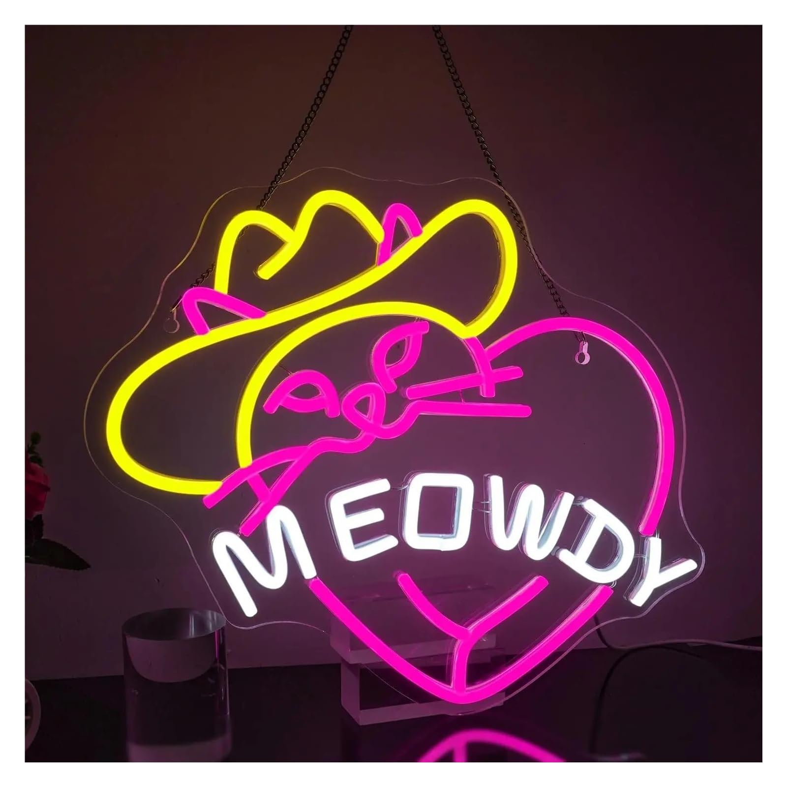 LED néon signe Panneau Néon Chat Meowdy Chapeau De Cowboy, Panneau Lumineux Chat, Alimenté Par USB, Pour Salon, Fête, Décoration Murale, 31cm×36cm