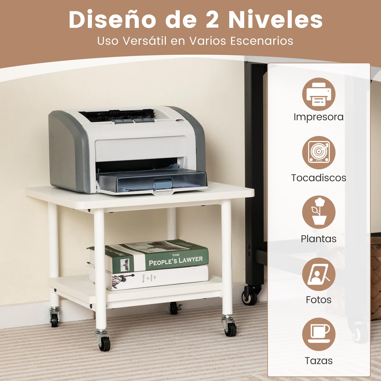 COSTWAY Soporte para Impresora con Ruedas, 2 Nivles, Mueble Impresora de Metal con Almacenamiento, Carrito de Almacenamiento Cocina Oficina, 49 x 40 x 38 cm (Blanco+Blanco)