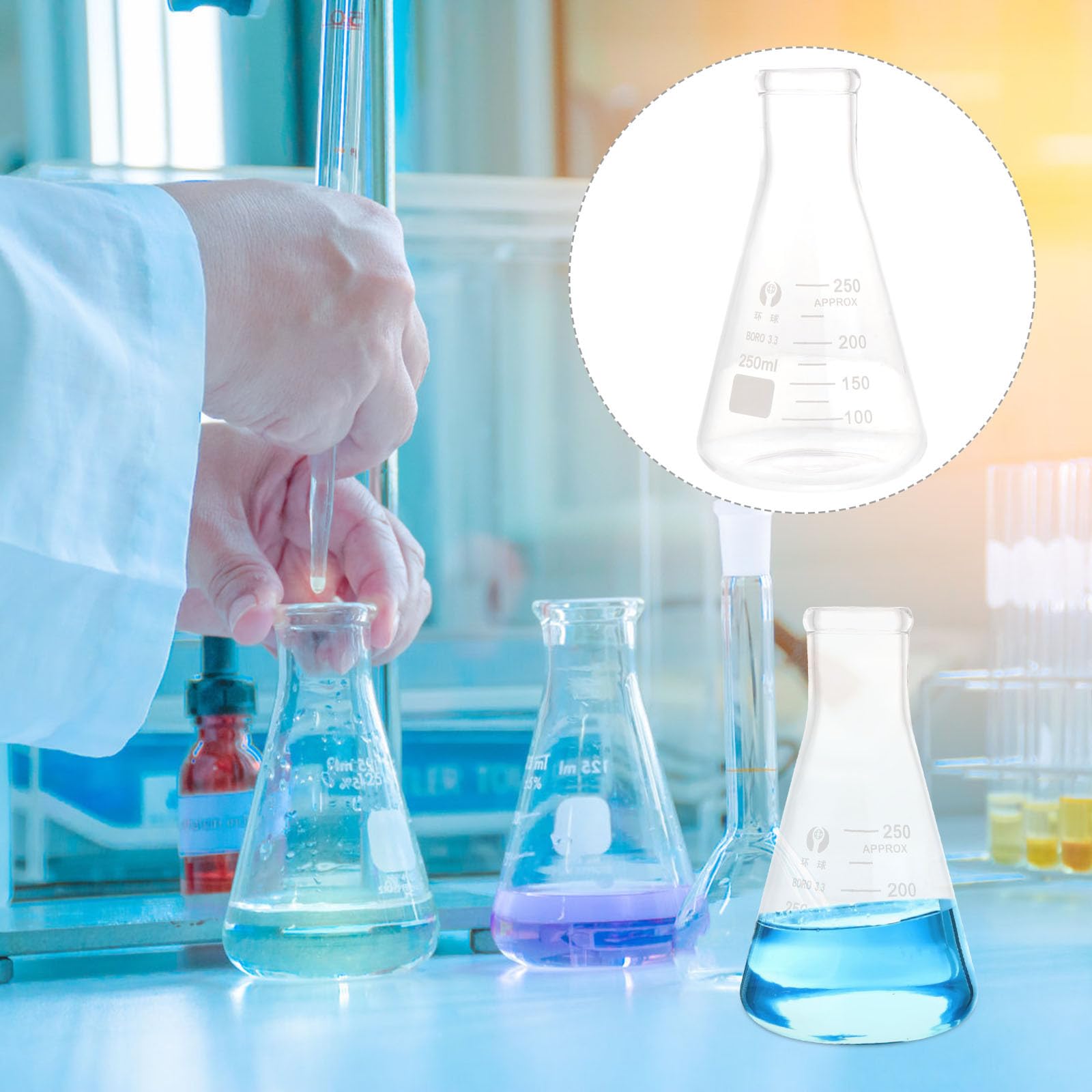Mipcase Beuta Conica 250Ml in Vetro Borosilicato Addensato Scala Graduata, Fiaschetta per Laboratorio e Attività Scientifiche Scolastiche