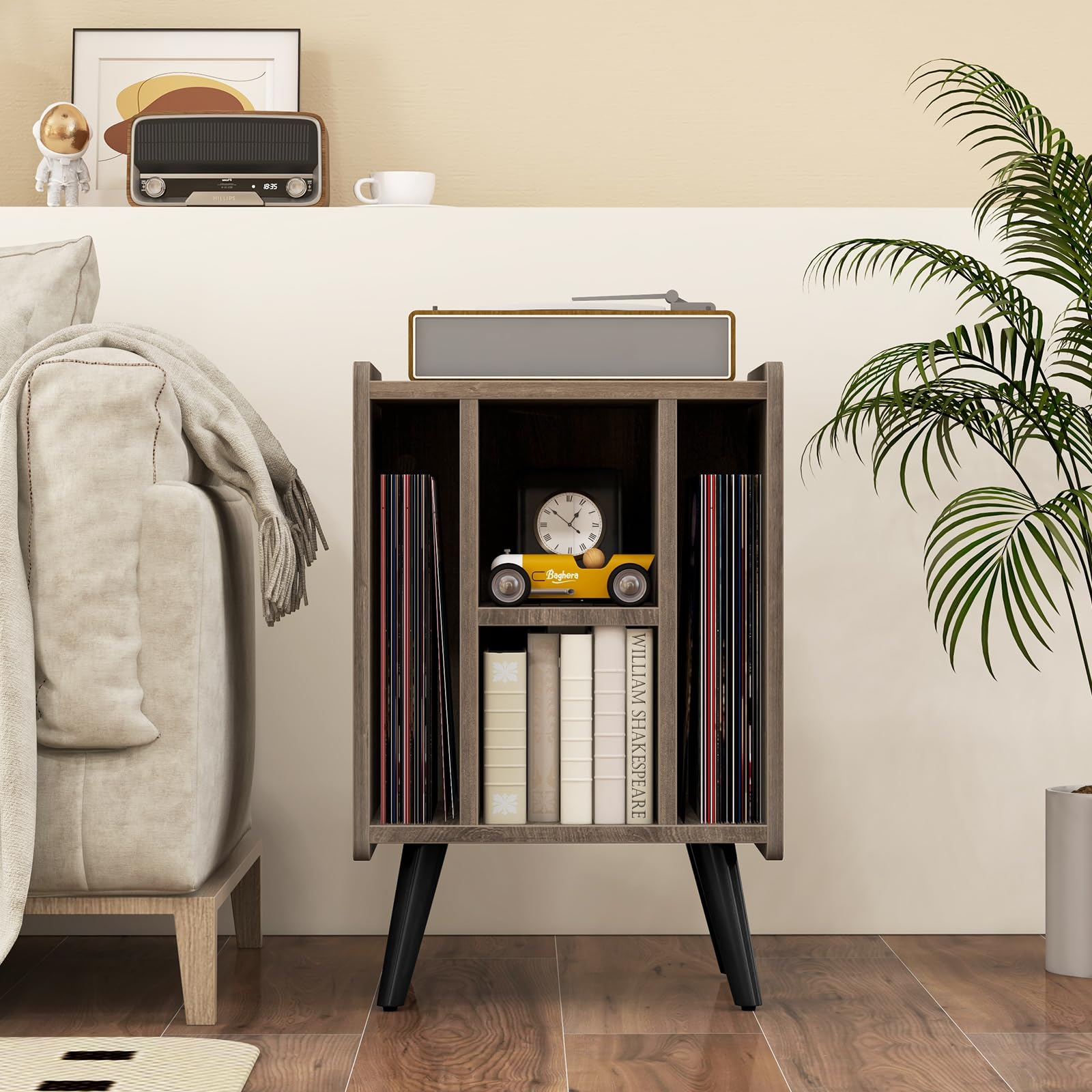 RELAX4LIFE Supporto per Giradischi con Stazione di Ricarica, Porta Vinili con 4 Scomparti Aperti, Espositore per Dischi, Carico Max 90kg per Ufficio, Studio, Camera da Letto