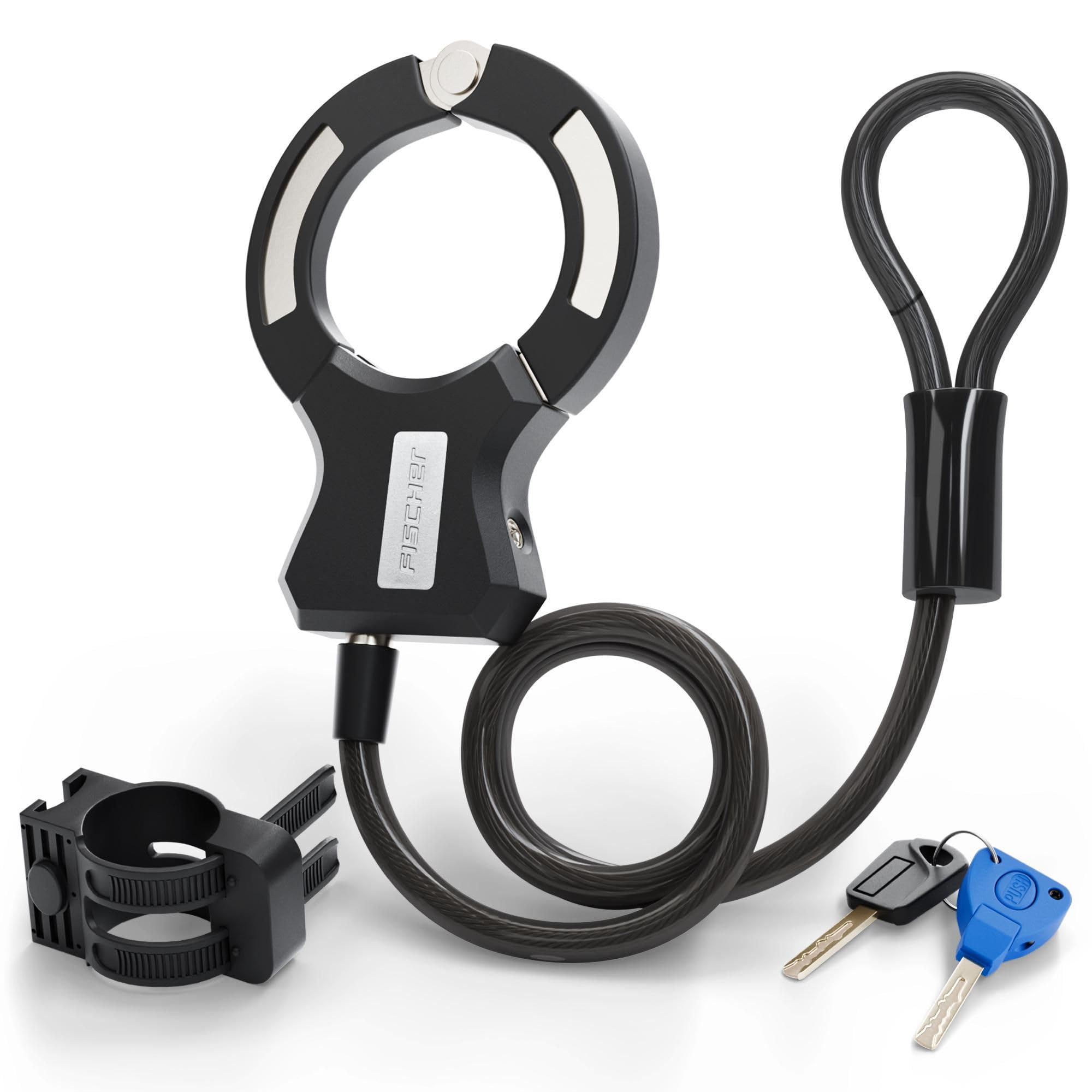 FISCHER Lucchetto a spirale per bicicletta, 120 cm, nero, con supporto, lucchetto con morsetto, per bicicletta elettrica, scooter elettrico